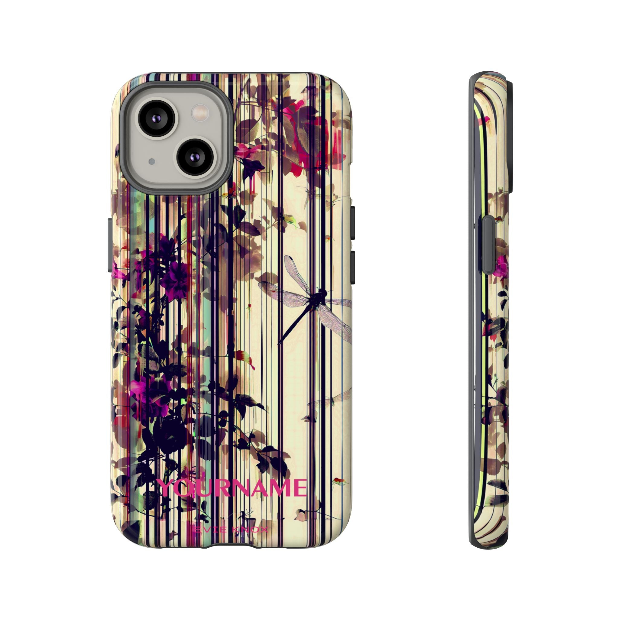 Floral Stripes Tough Phone Case — Vintage Botanical Dragonfly Design