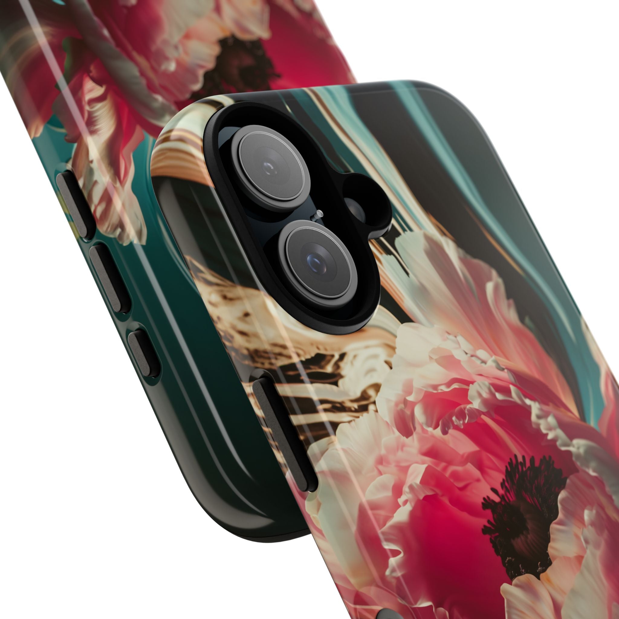 Floral Splash Tough Phone Case — Dark Teal & Pink Peony Design