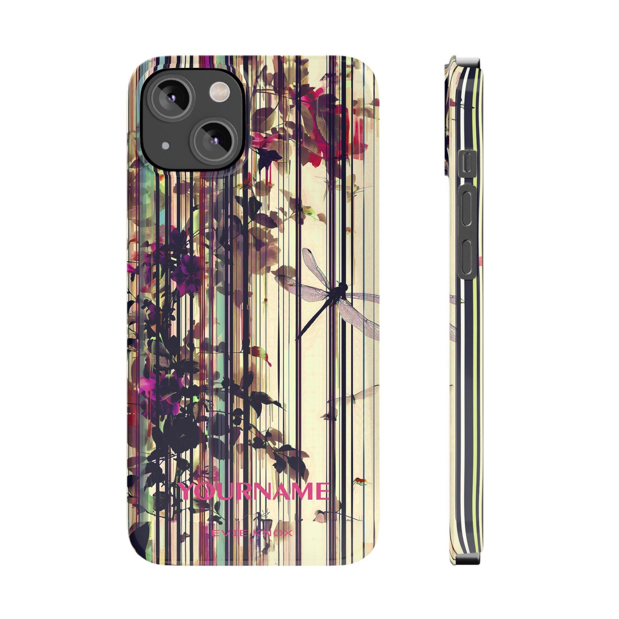 Floral Stripes Slim Phone Case — Vintage Botanical Dragonfly Design