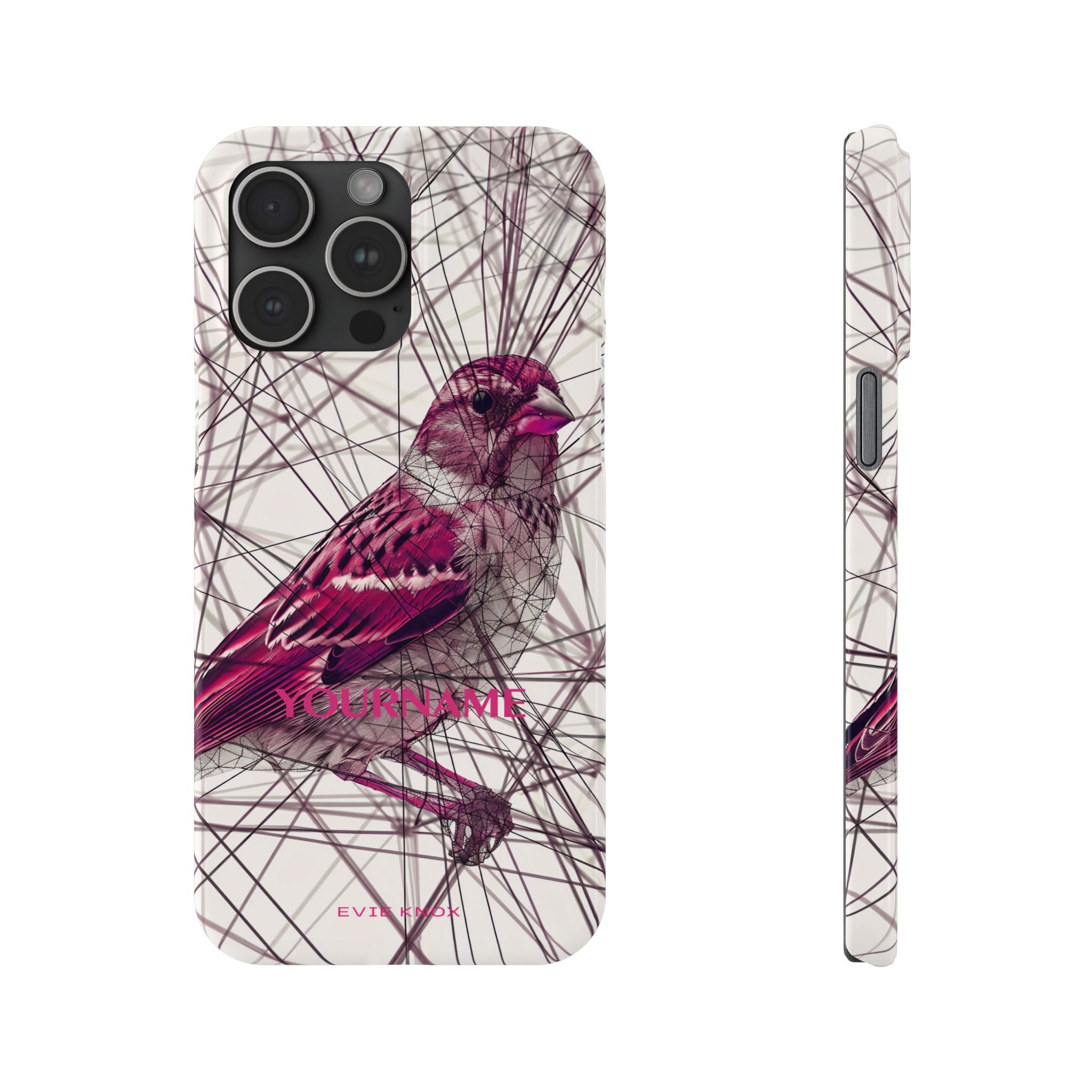 Pink Finch Bird Illustration on Abstract Line Background - Slim Phone Case