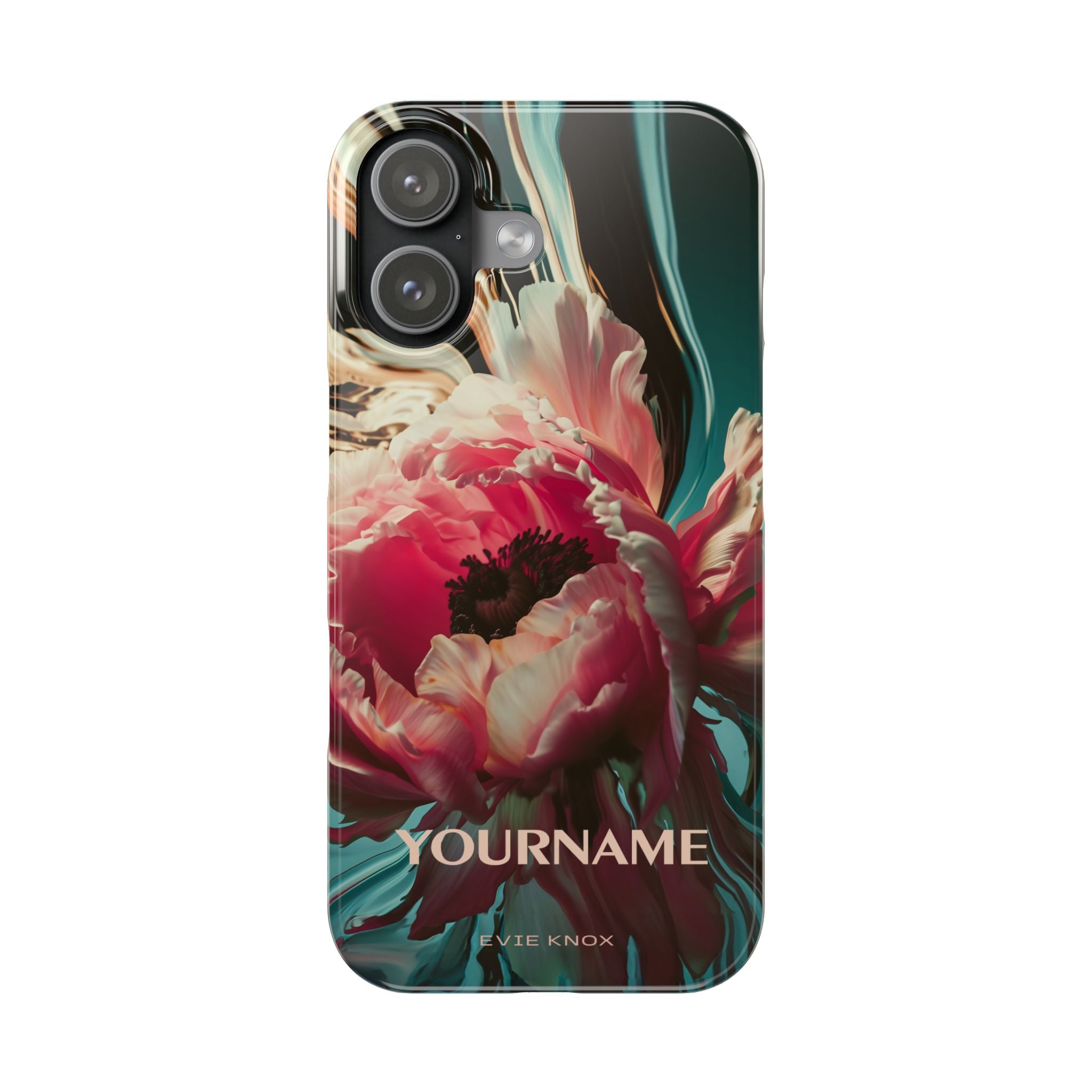 Floral Splash Slim Phone Case — Dark Teal & Pink Peony Design