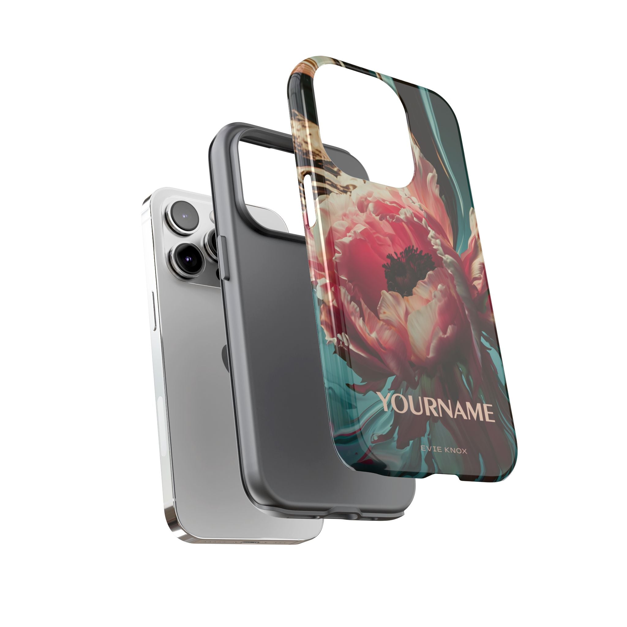Floral Splash Tough Phone Case — Dark Teal & Pink Peony Design