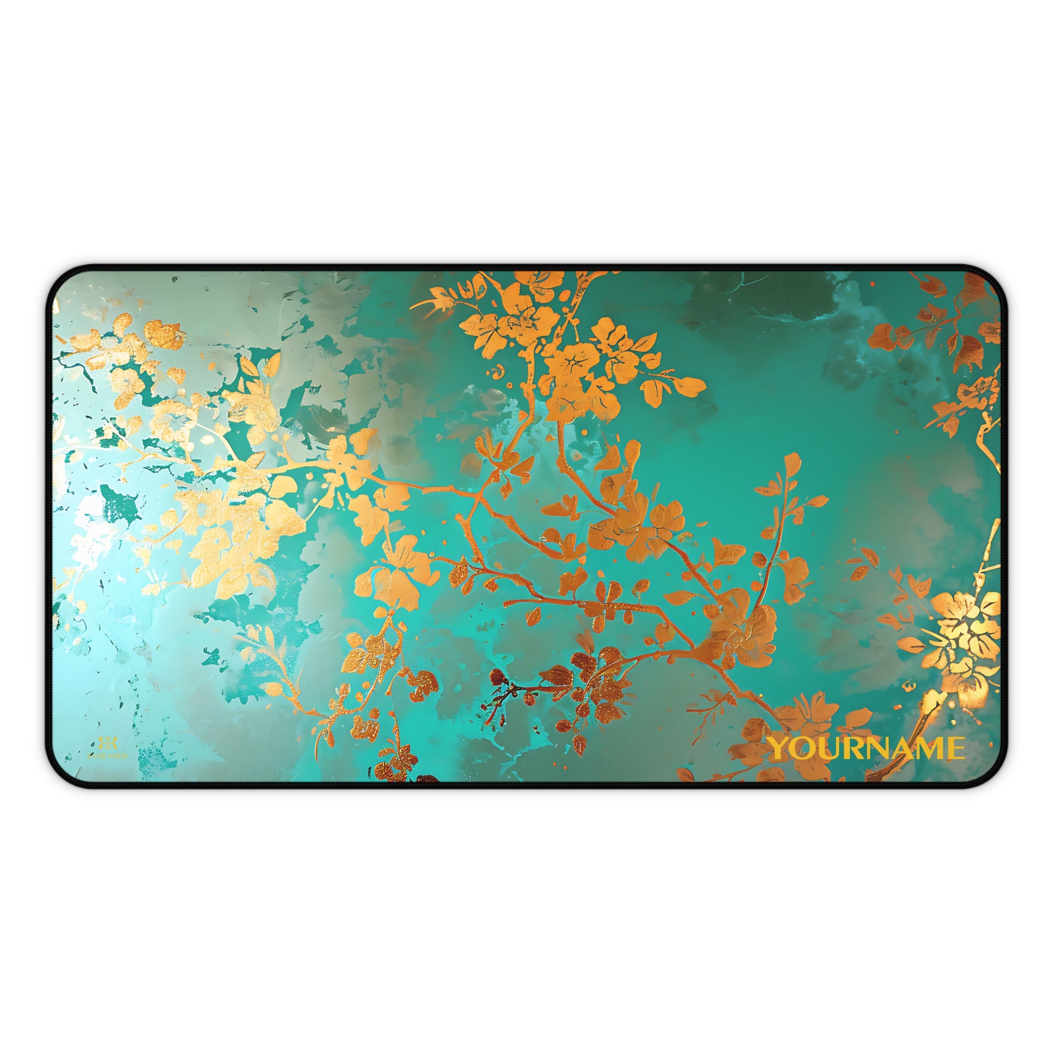 Teal & Gold Floral Desk Mat — Personalizable Elegant Mouse Pad