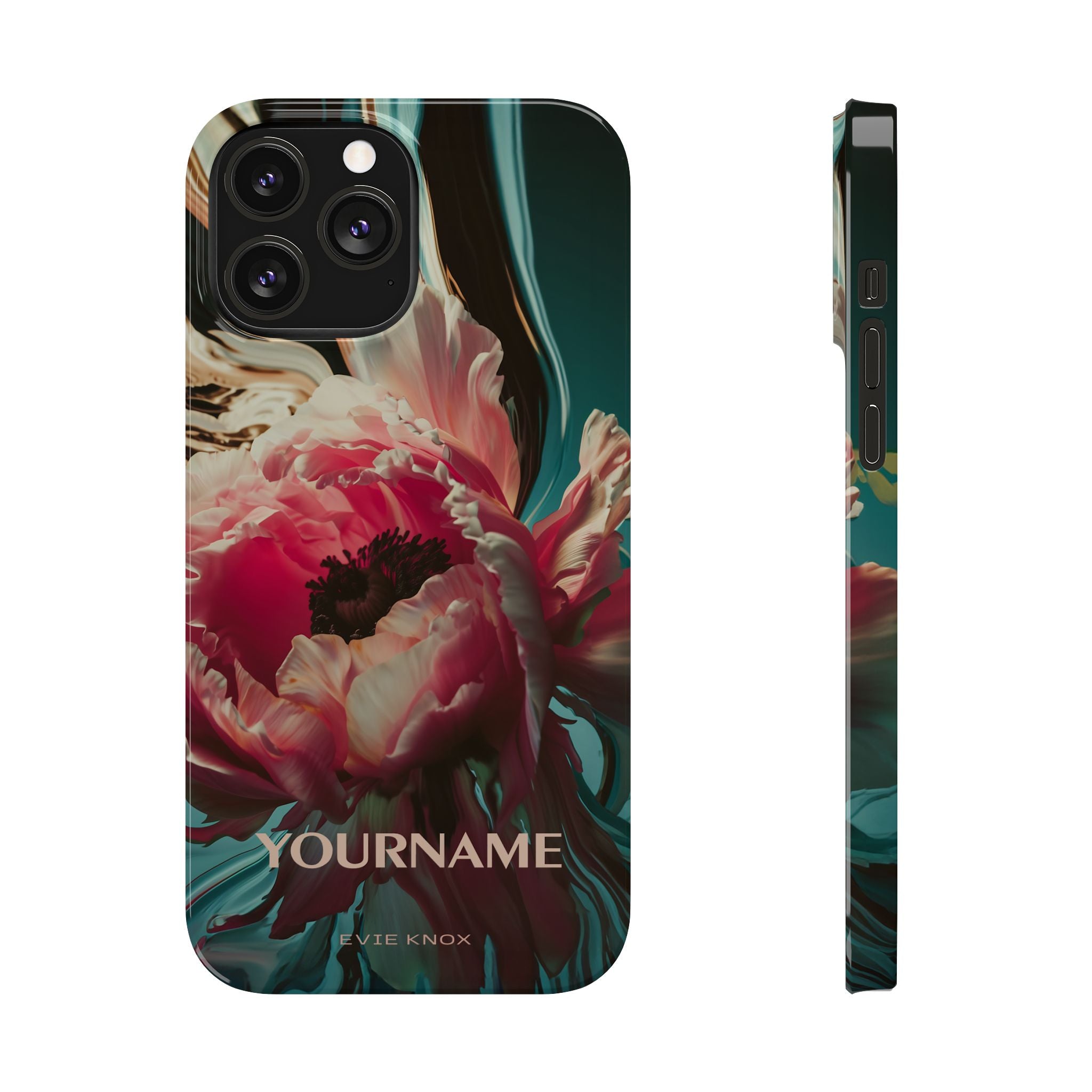 Floral Splash Slim Phone Case — Dark Teal & Pink Peony Design