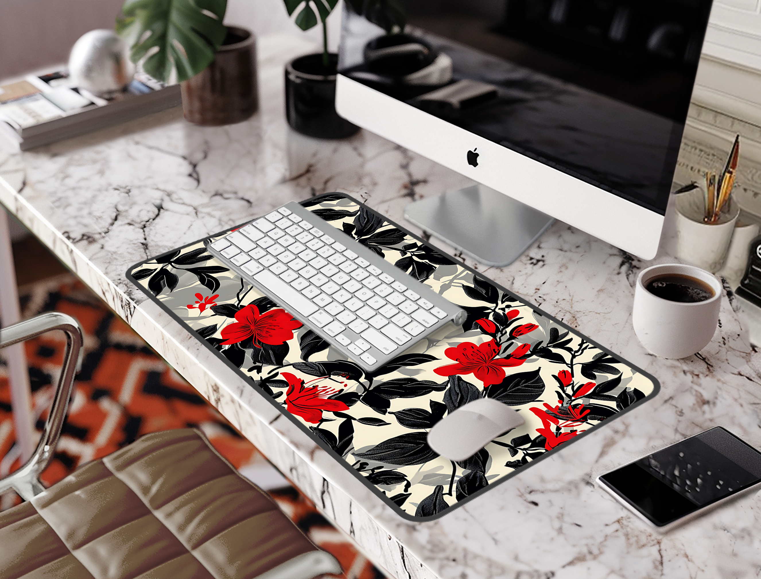 Floral Red Hibiscus Desk Mat — Oversized Office Mousepad with Black & Cream Botanical Print