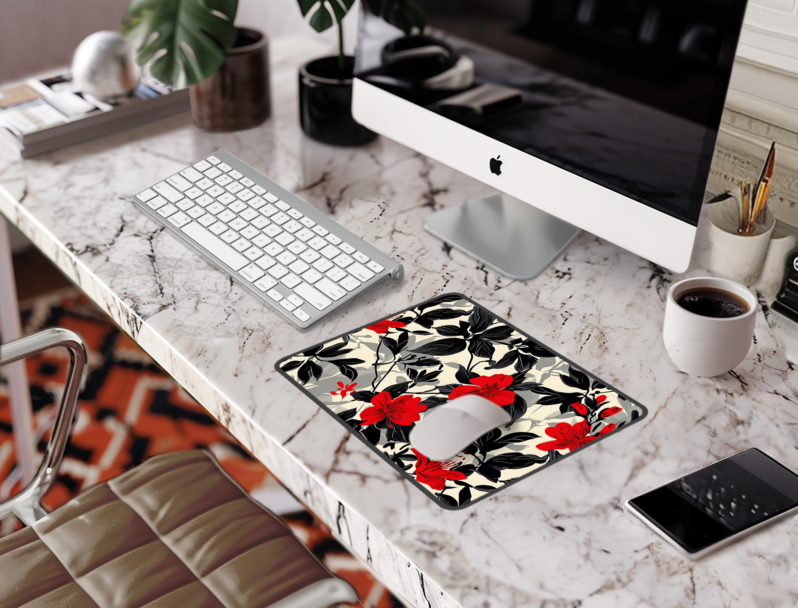 Floral Red Hibiscus Desk Mat — Oversized Office Mousepad with Black & Cream Botanical Print