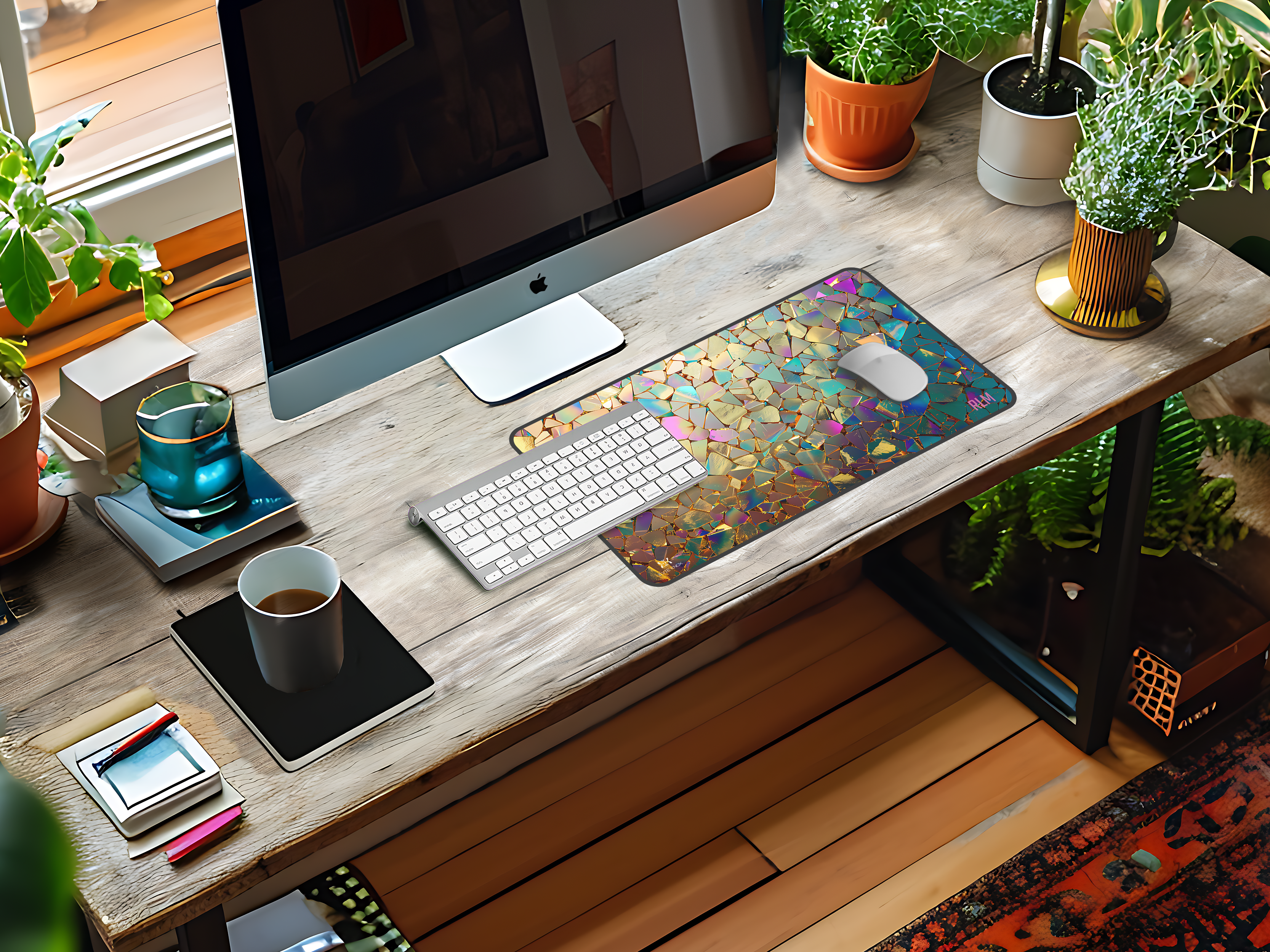 Iridescent Platinum Mosaic Desk Mat — Personalized Glitter Tile Mouse Pad_