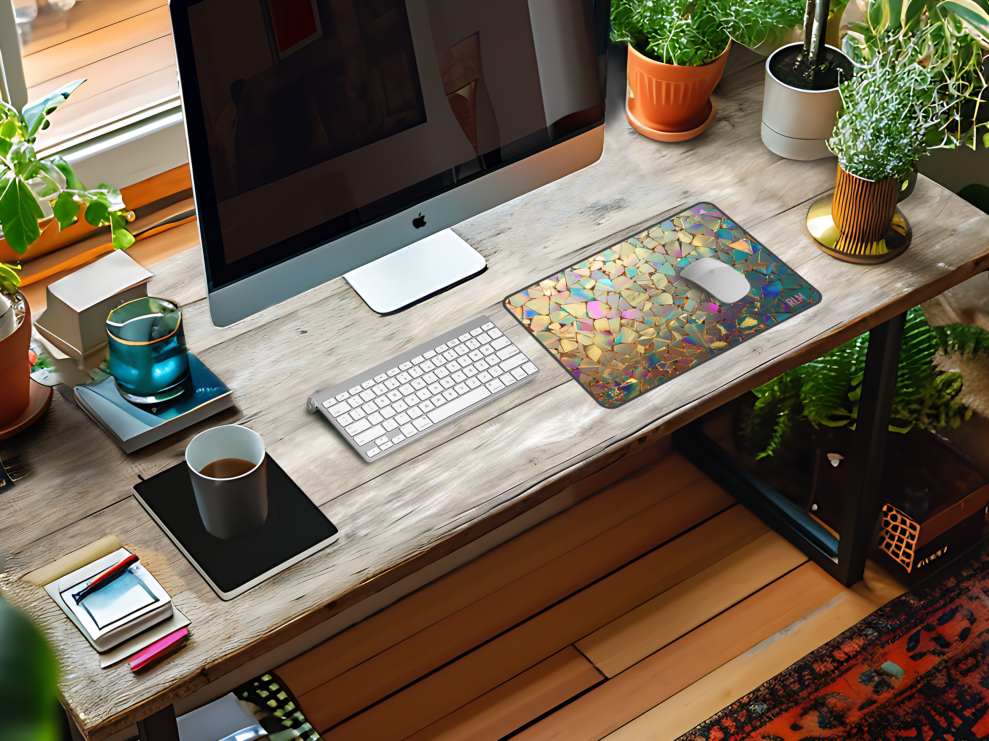 Iridescent Platinum Mosaic Desk Mat — Personalized Glitter Tile Mouse Pad_