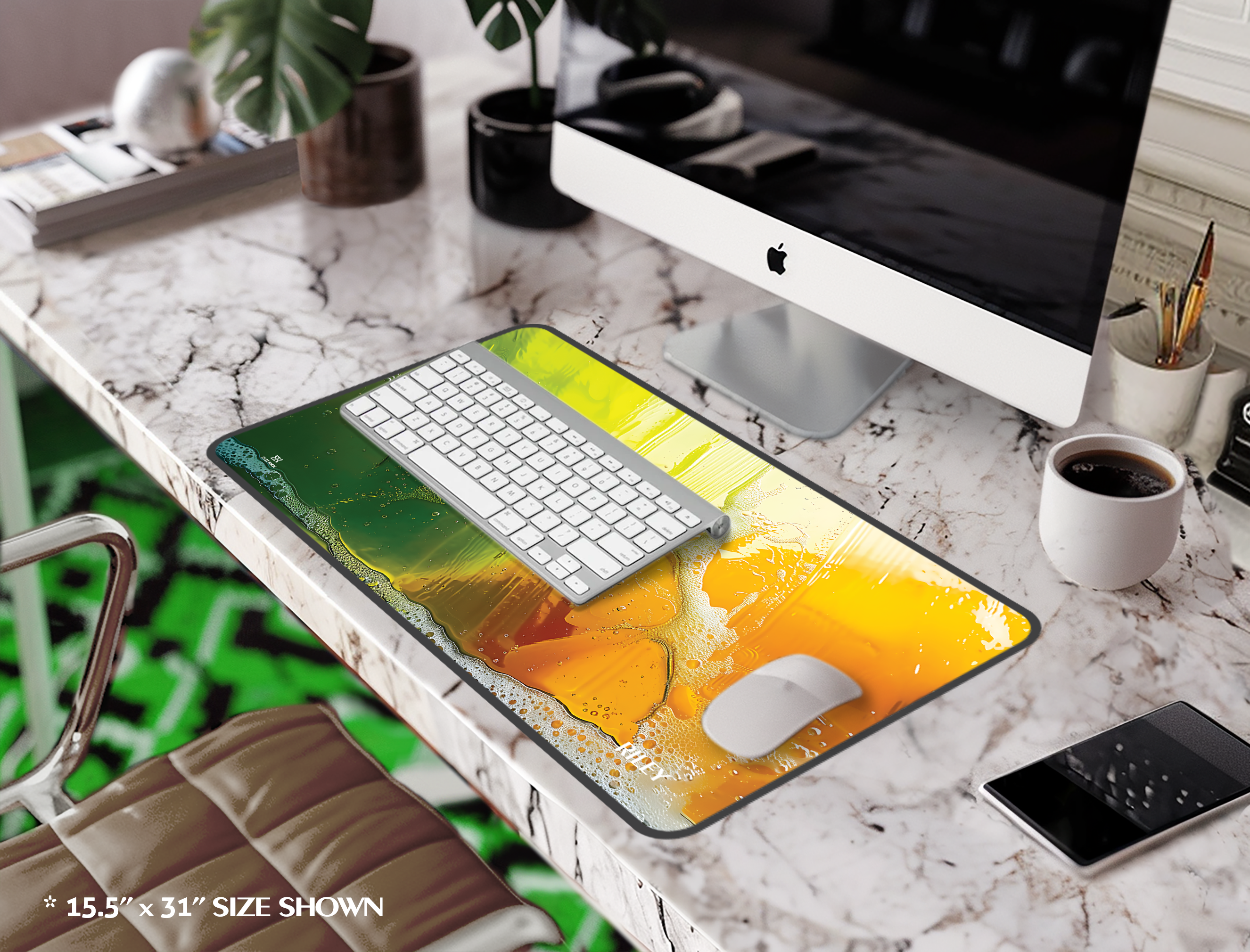 Translucent Summer Soap Desk Mat — Vibrant Green & Orange Mouse Pad