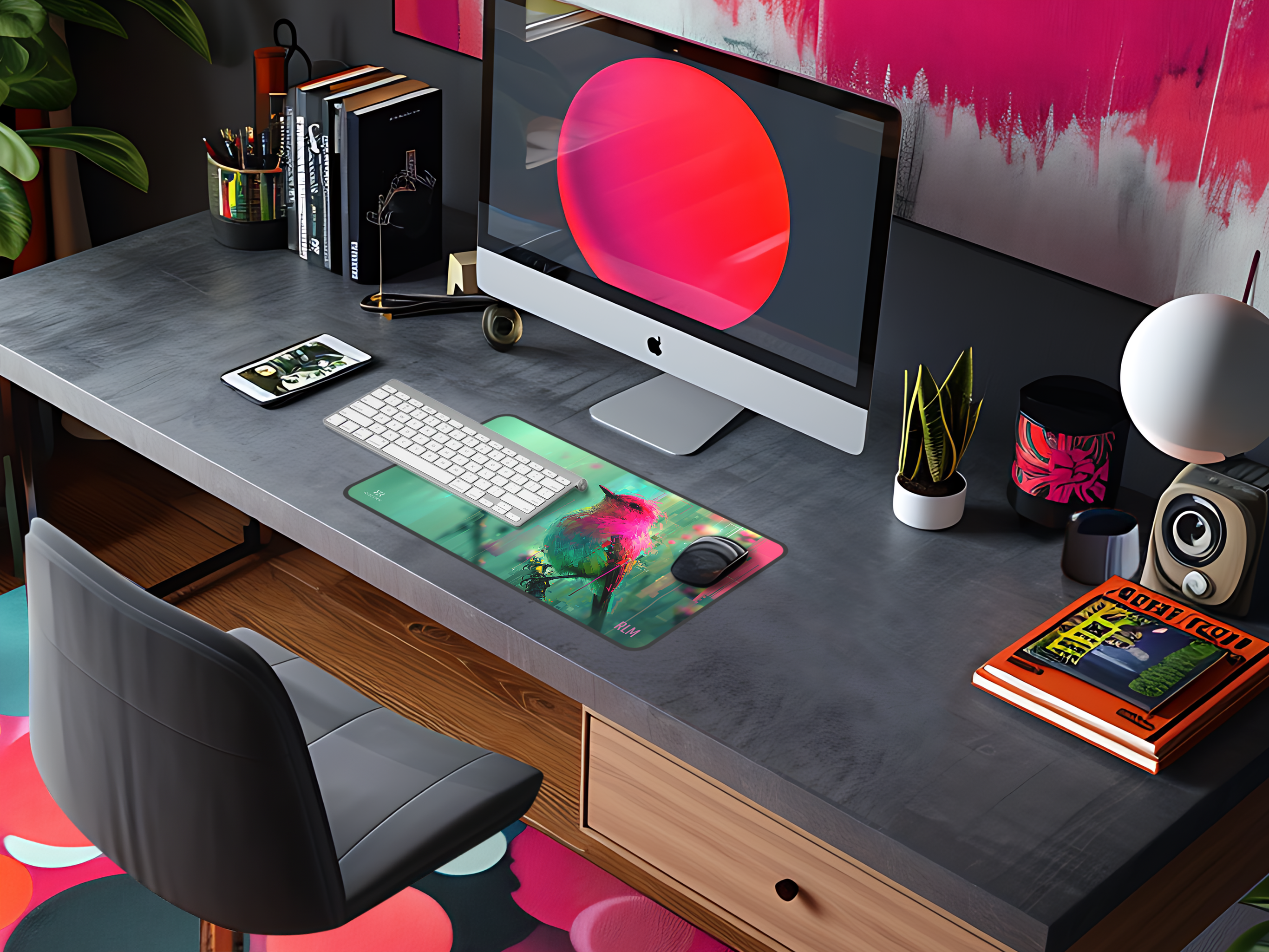Vibrant Song Bird Desk Mat – Neon Pink & Teal Mouse Pad