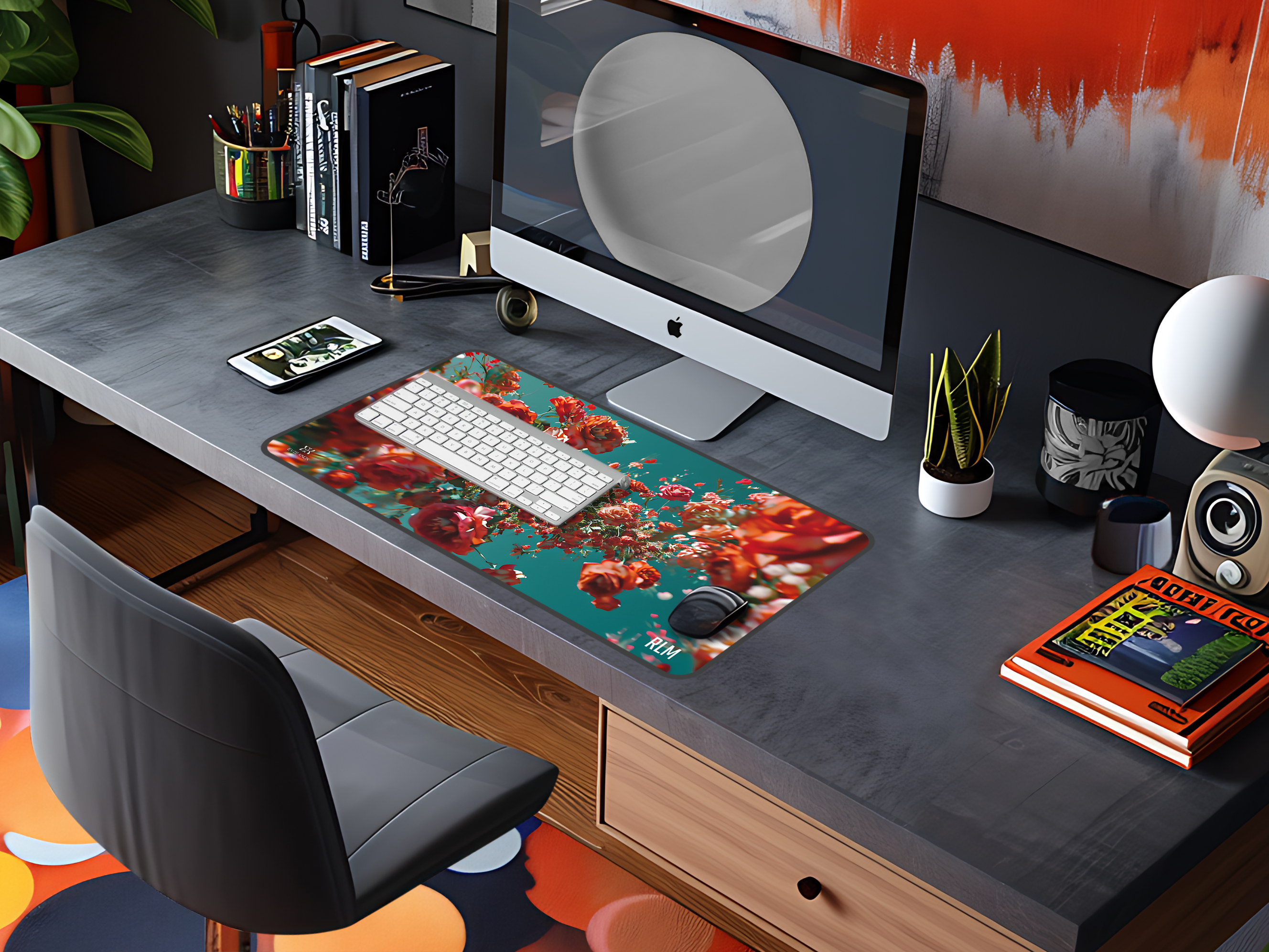 Floral Cascade Desk Mat — Red Roses on Teal Mouse Pad