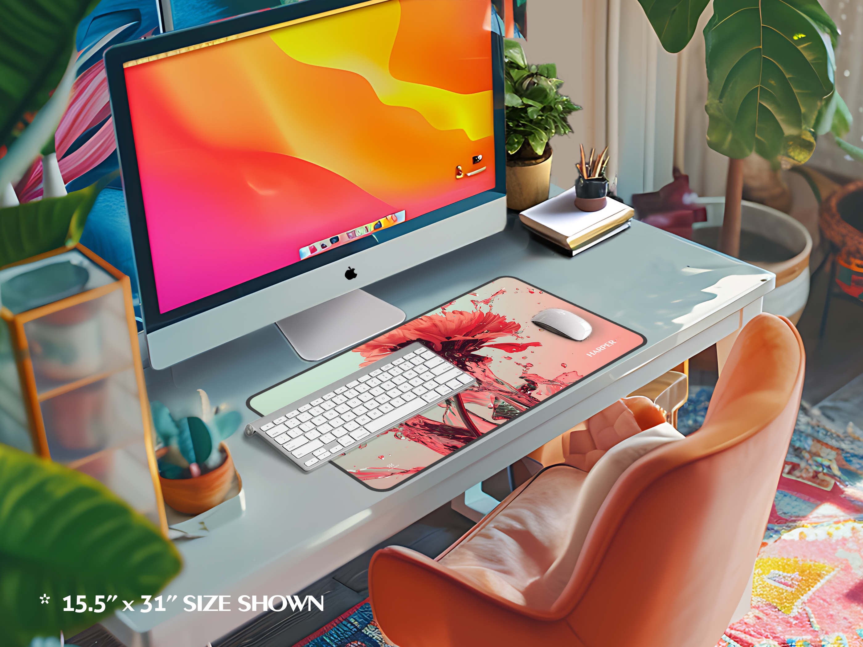Floral Splash Desk Mat — Artful Coral Bloom Mouse Pad
