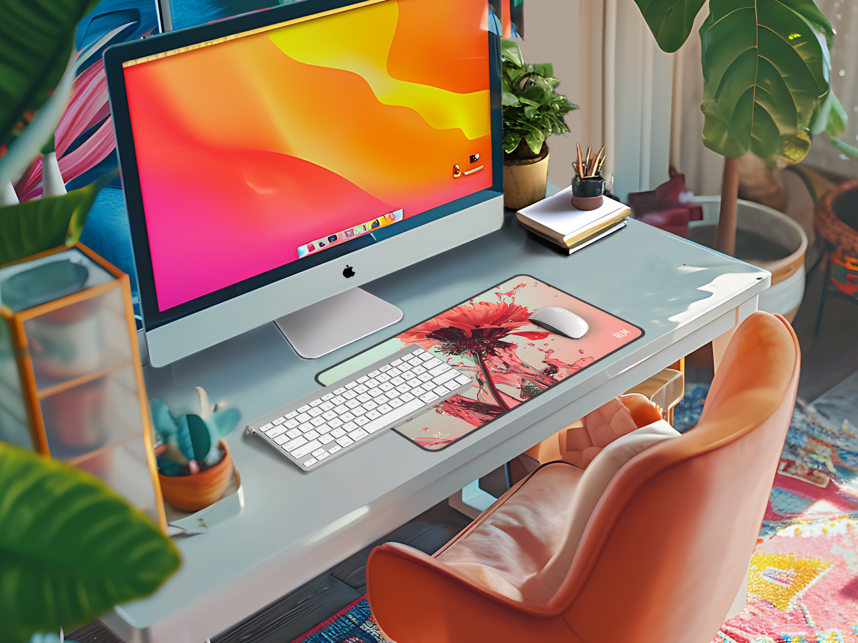 Floral Splash Desk Mat — Artful Coral Bloom Mouse Pad