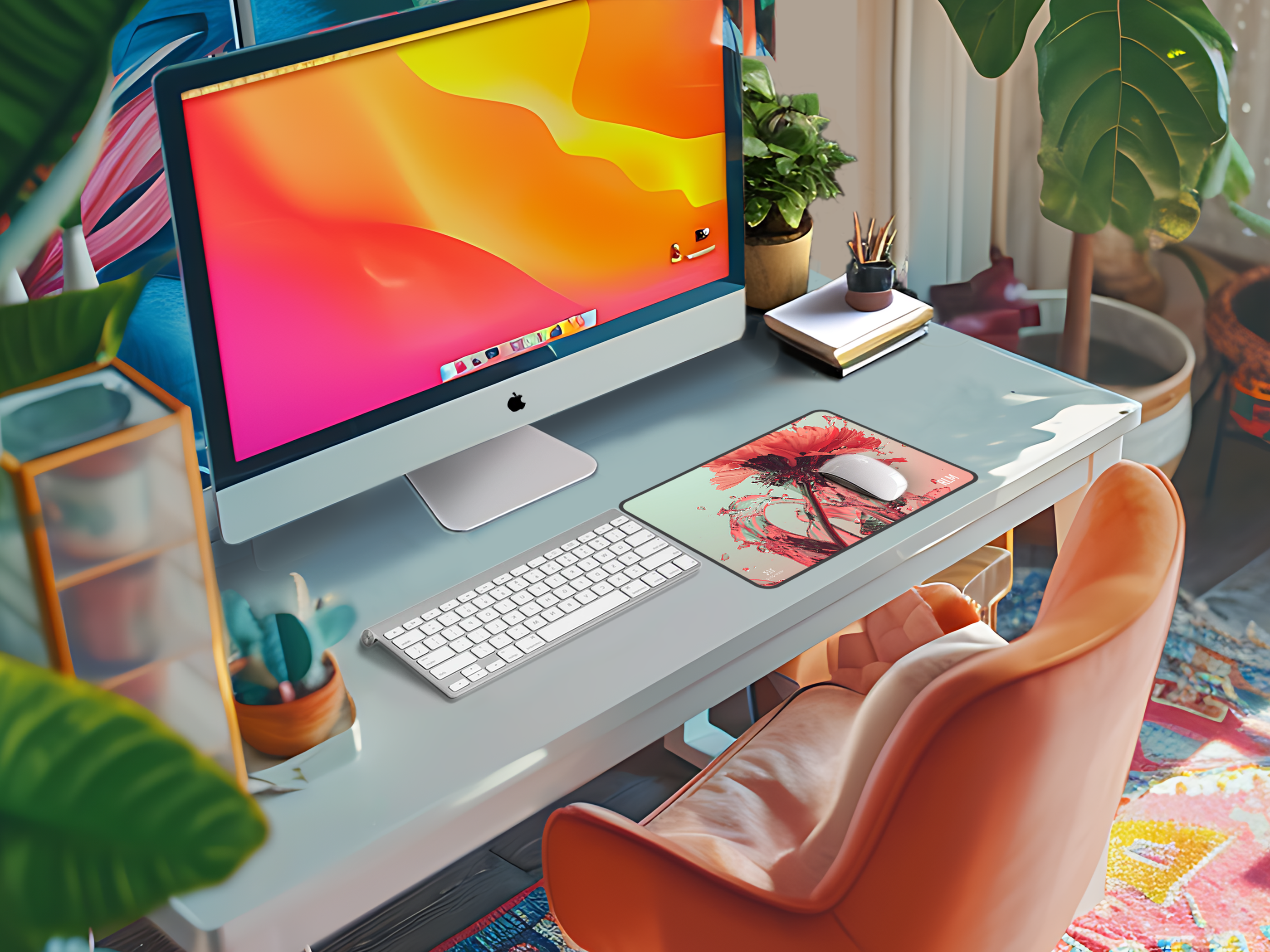 Floral Splash Desk Mat — Artful Coral Bloom Mouse Pad