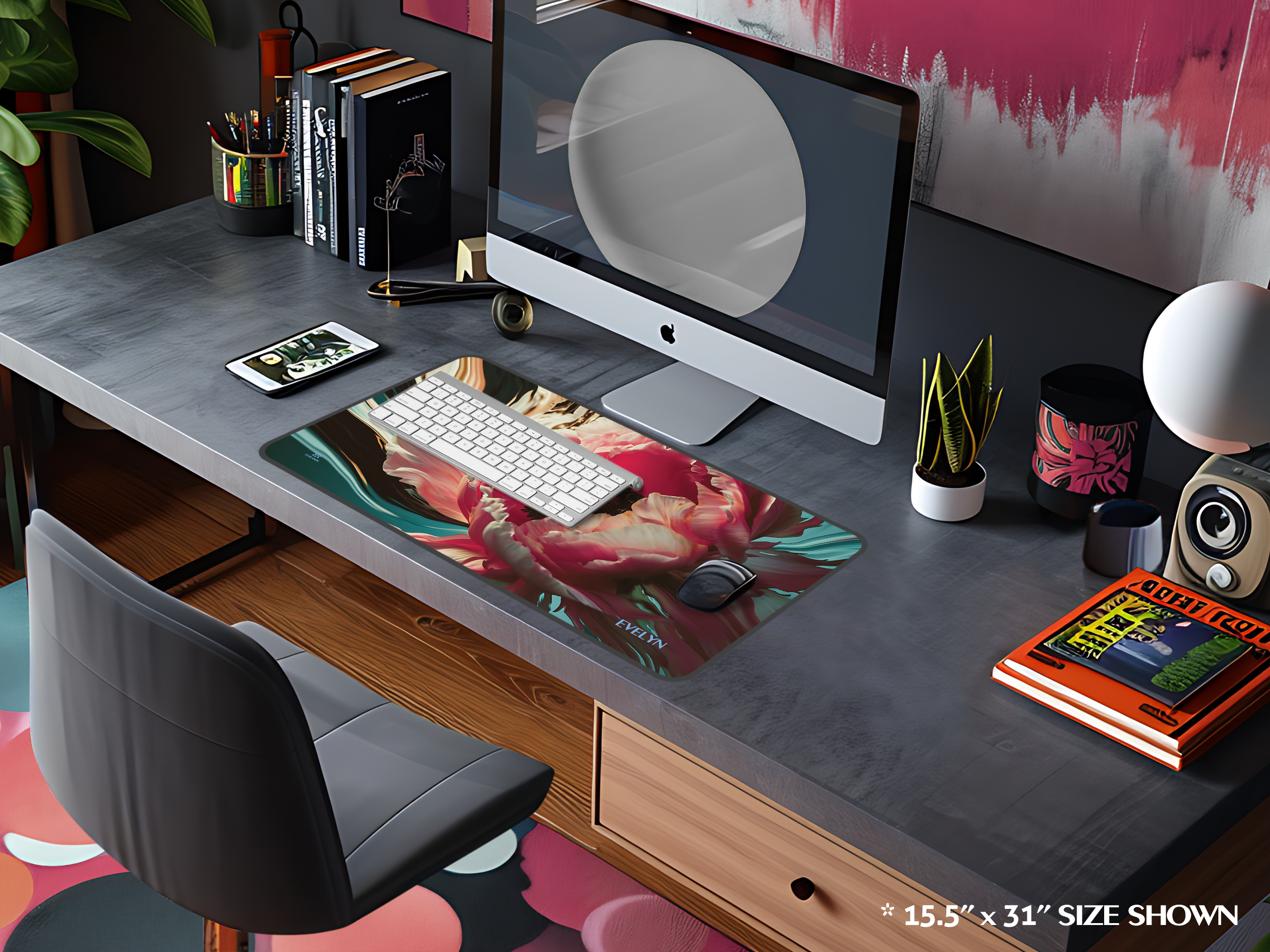Floral Bloom Desk Mat — Personalizable Pink Peony Mouse Pad