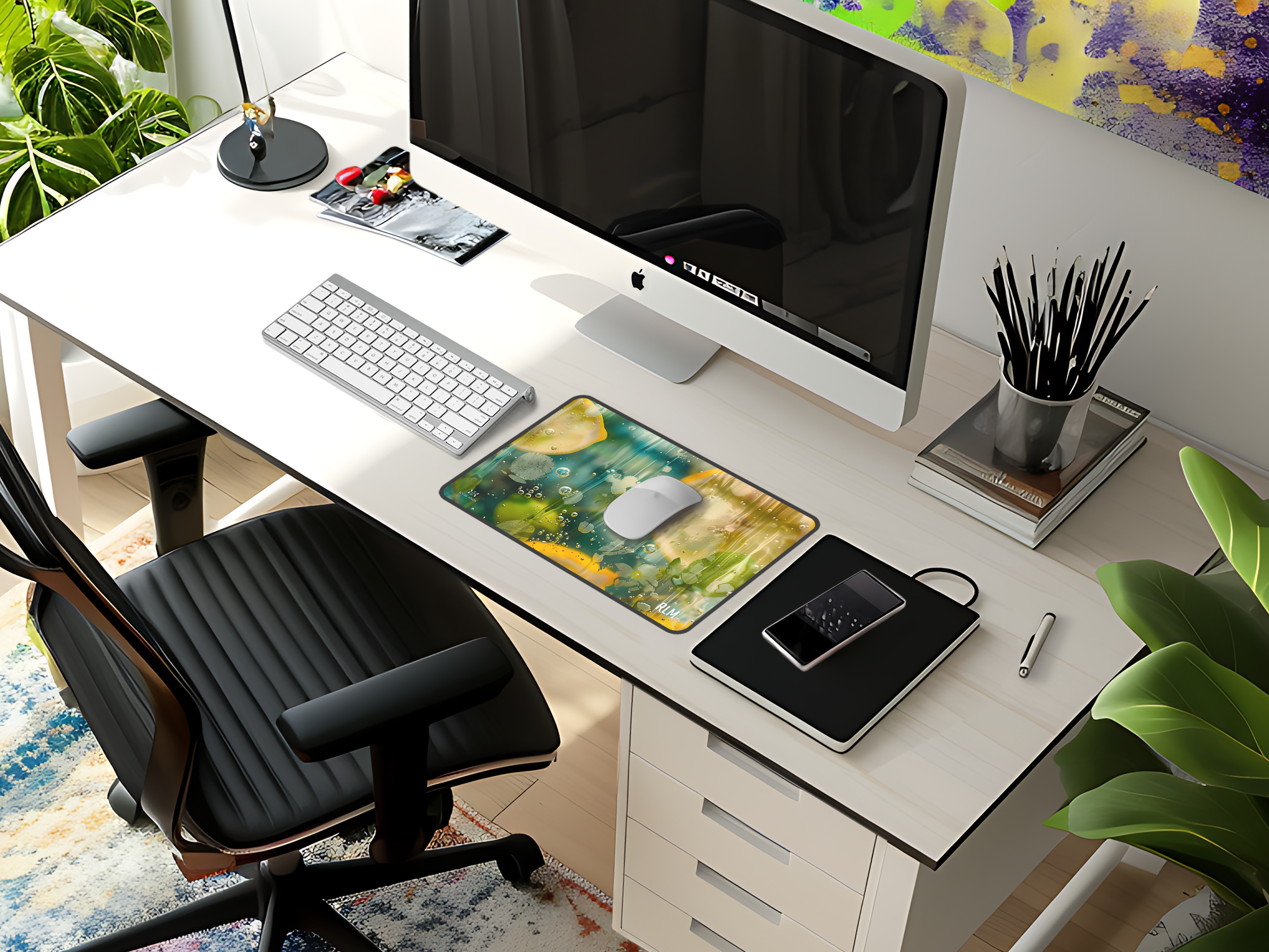 Citrus Bubbles Desk Mat — Vibrant Lemon & Water Droplet Mouse Pad