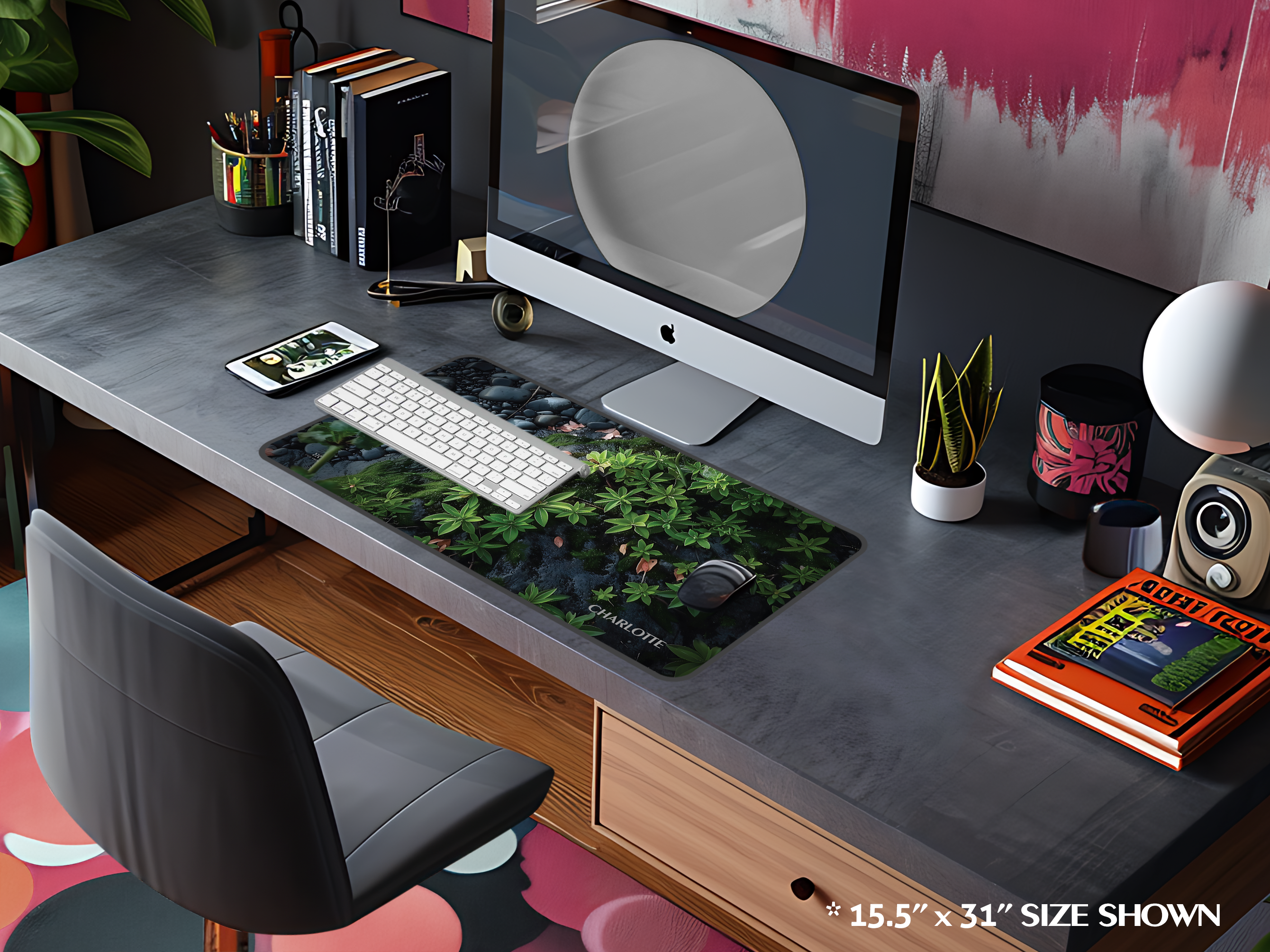 Black Pebbles and Plants Desk Mat — Botanical Zen Mouse Pad