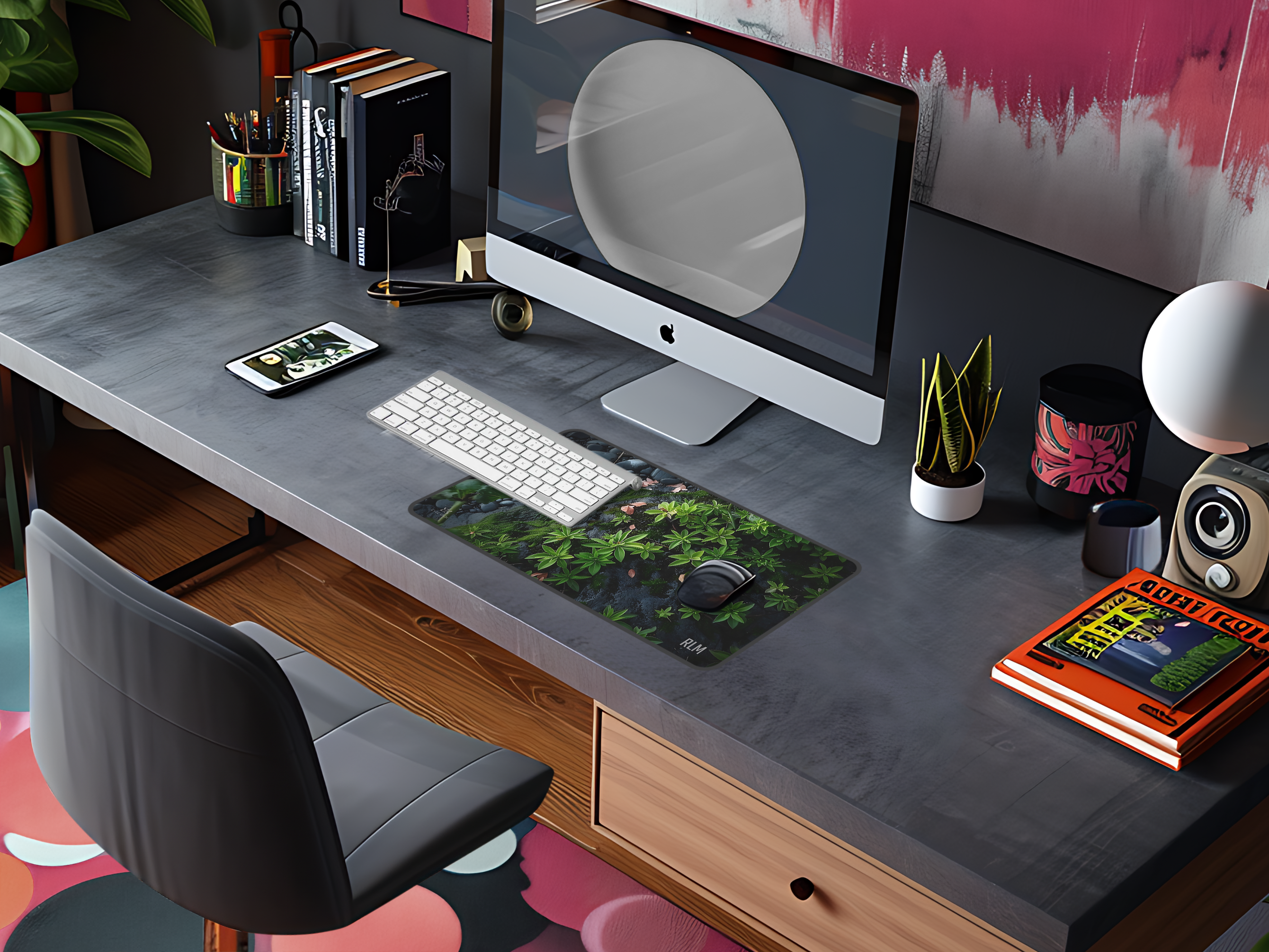 Black Pebbles and Plants Desk Mat — Botanical Zen Mouse Pad