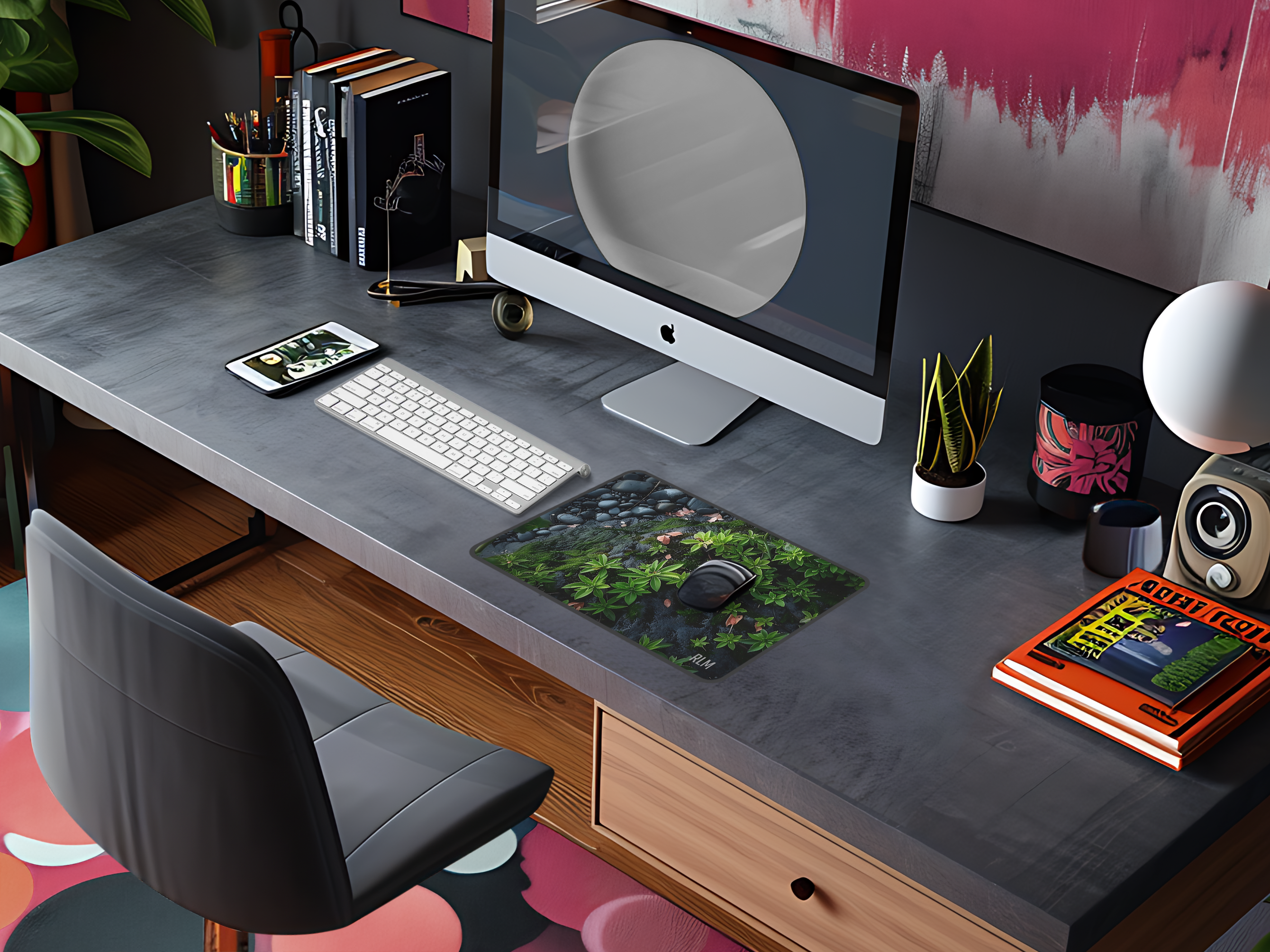 Black Pebbles and Plants Desk Mat — Botanical Zen Mouse Pad