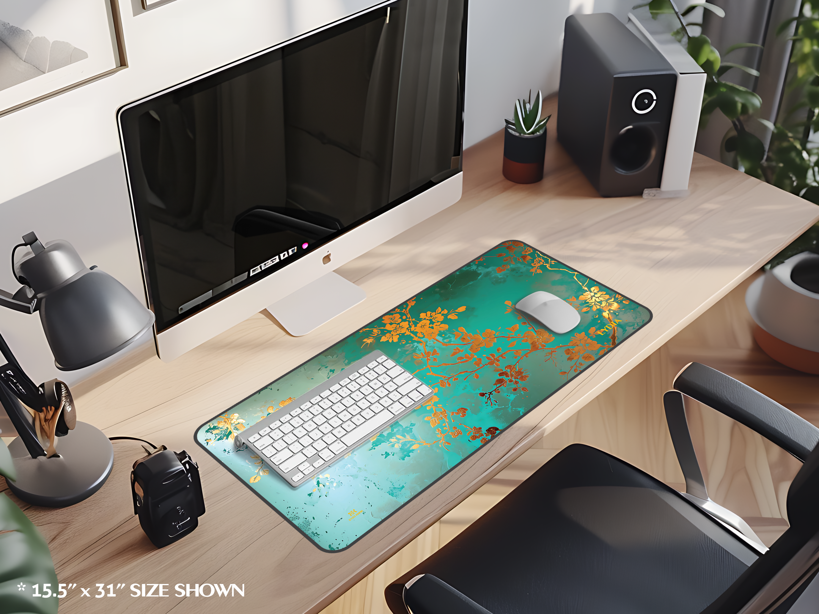Teal & Gold Floral Desk Mat — Personalizable Elegant Mouse Pad
