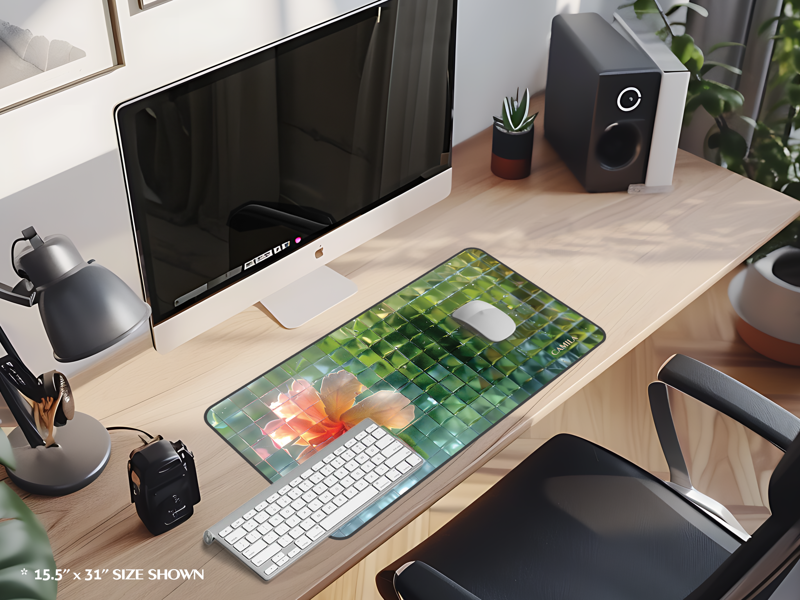 Hibiscus Glassy Mosaic Desk Mat — Floral Pixelated Mouse Pad for Home Office