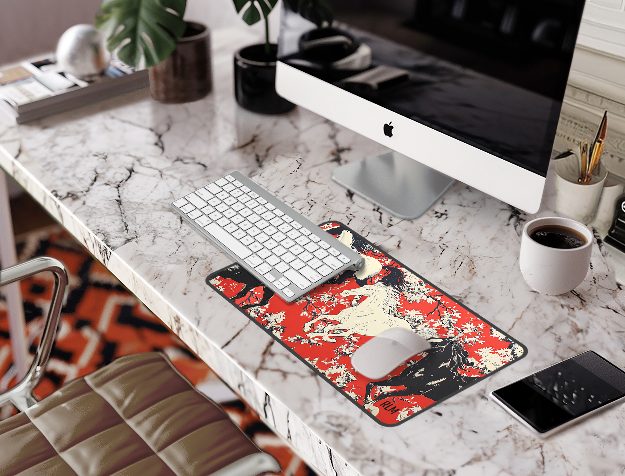 Horse Pattern Desk Mat — Red Floral Equestrian Mouse Pad