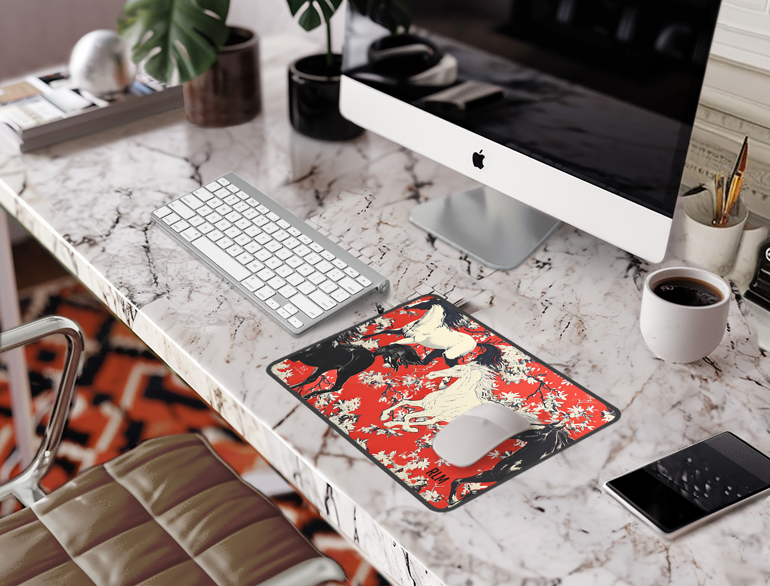 Horse Pattern Desk Mat — Red Floral Equestrian Mouse Pad