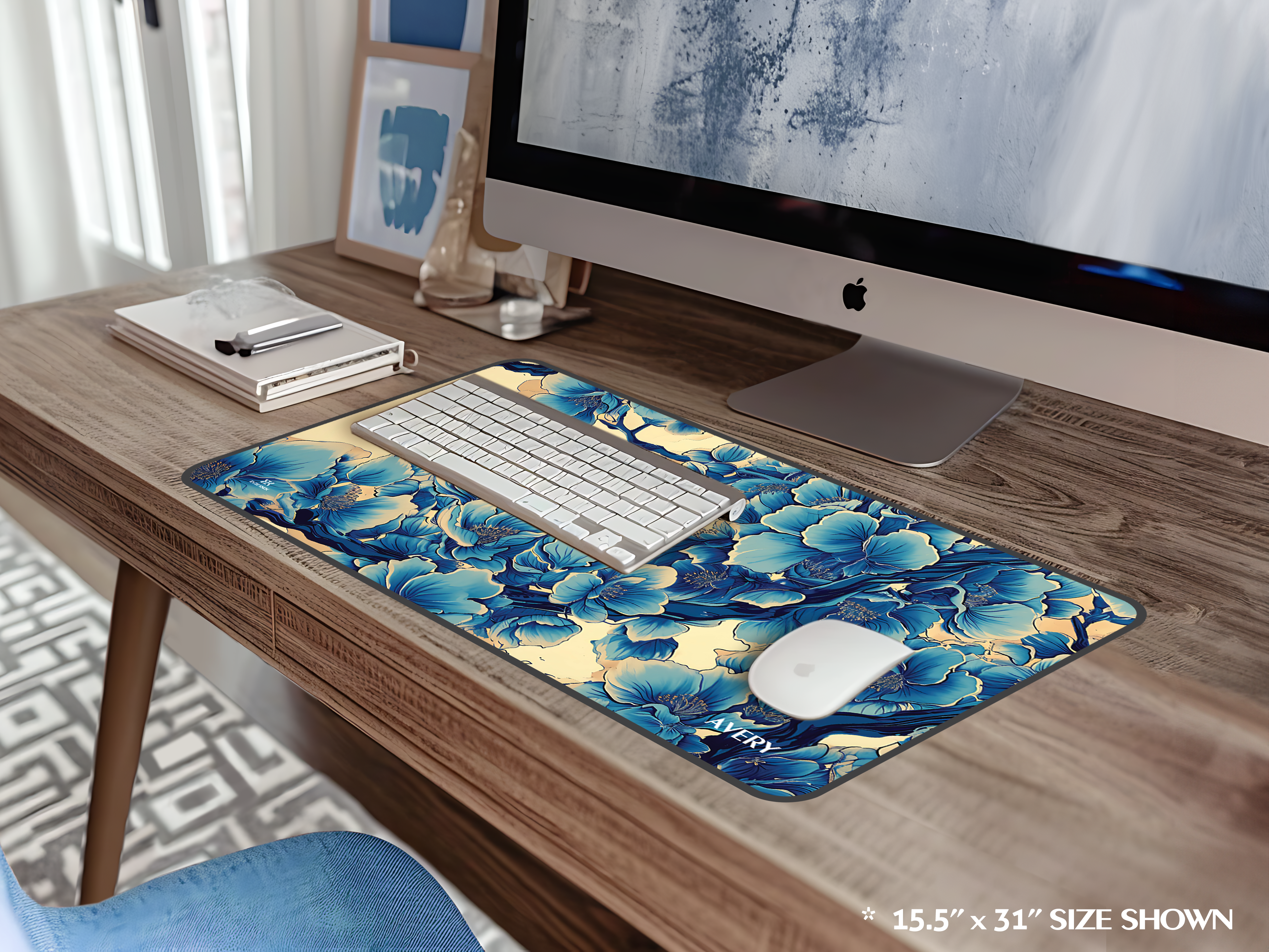 Blue Floral Blossom Desk Mat — Personalizable Japanese Floral Mouse Pad