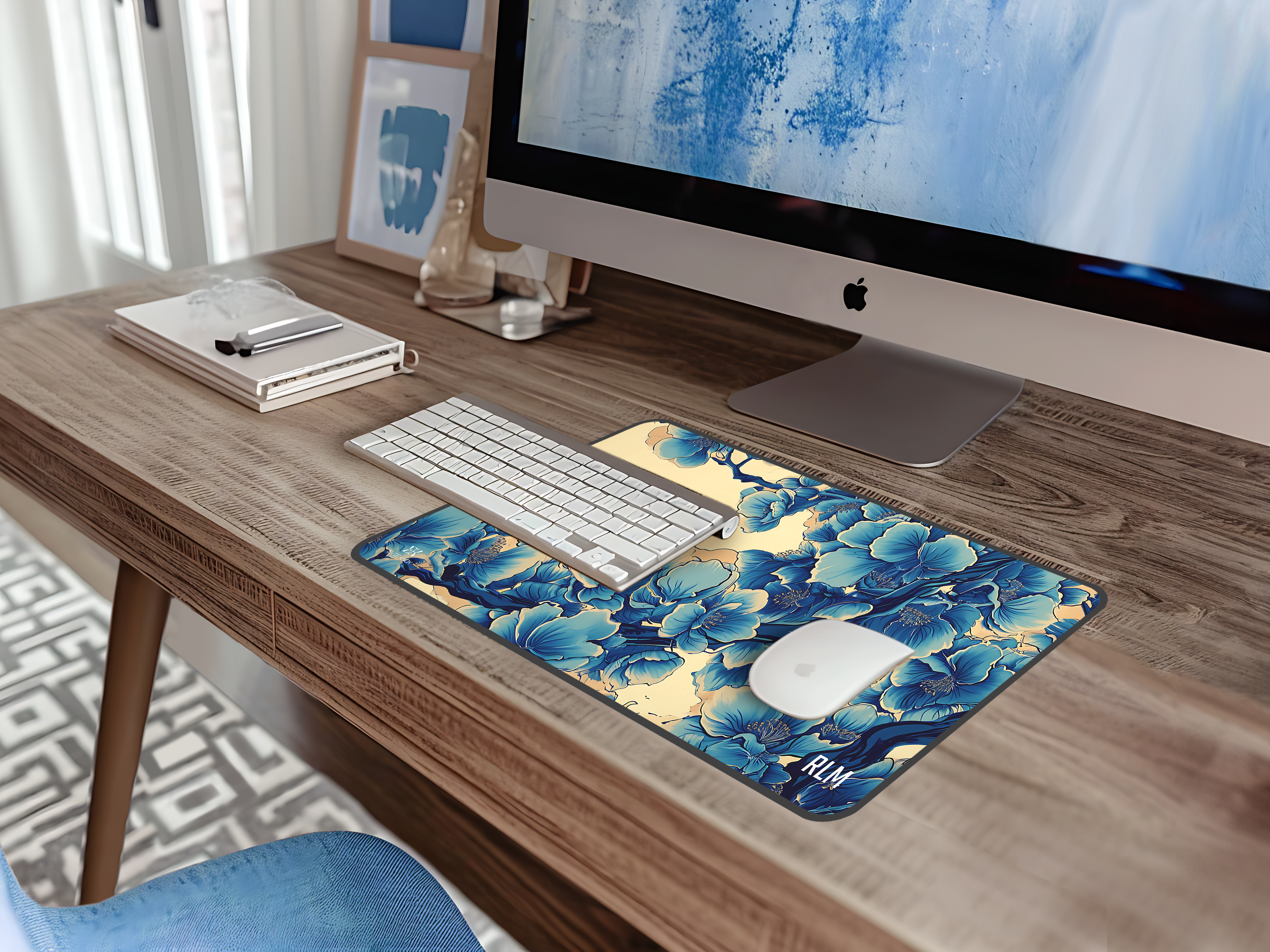 Blue Floral Blossom Desk Mat — Personalizable Japanese Floral Mouse Pad