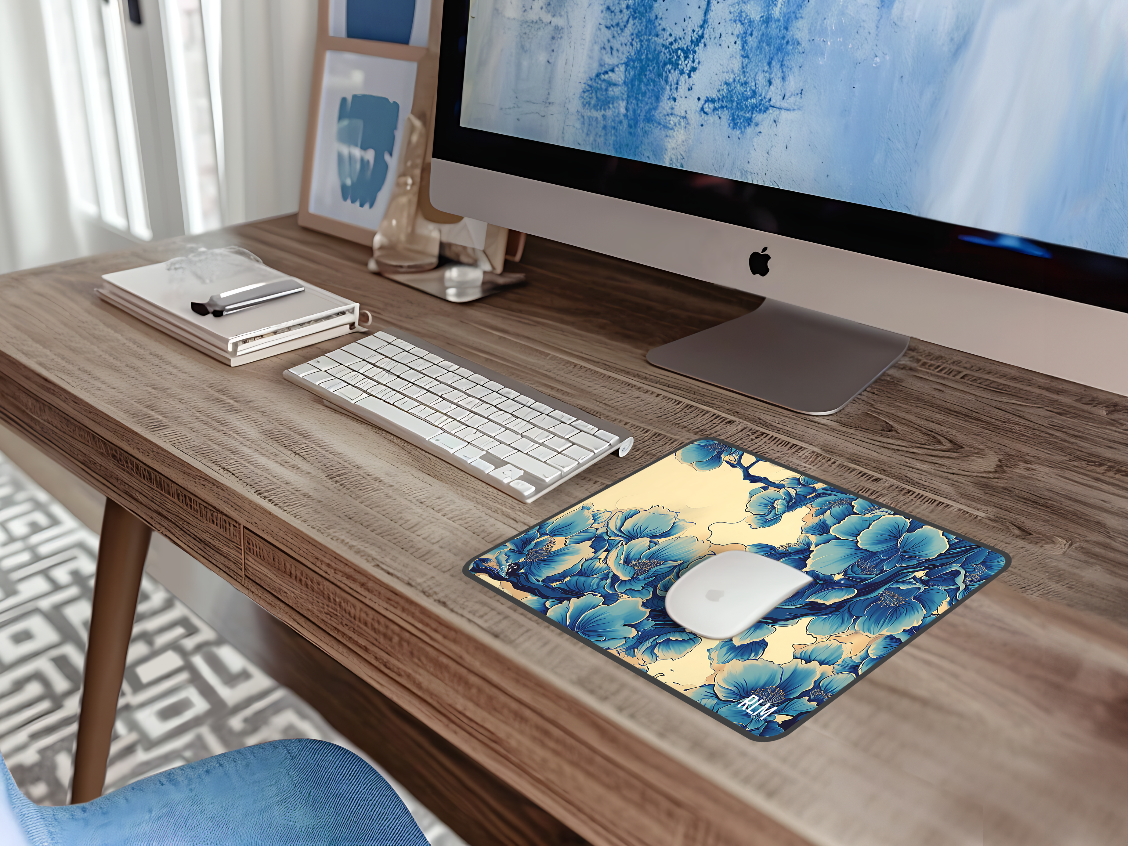Blue Floral Blossom Desk Mat — Personalizable Japanese Floral Mouse Pad