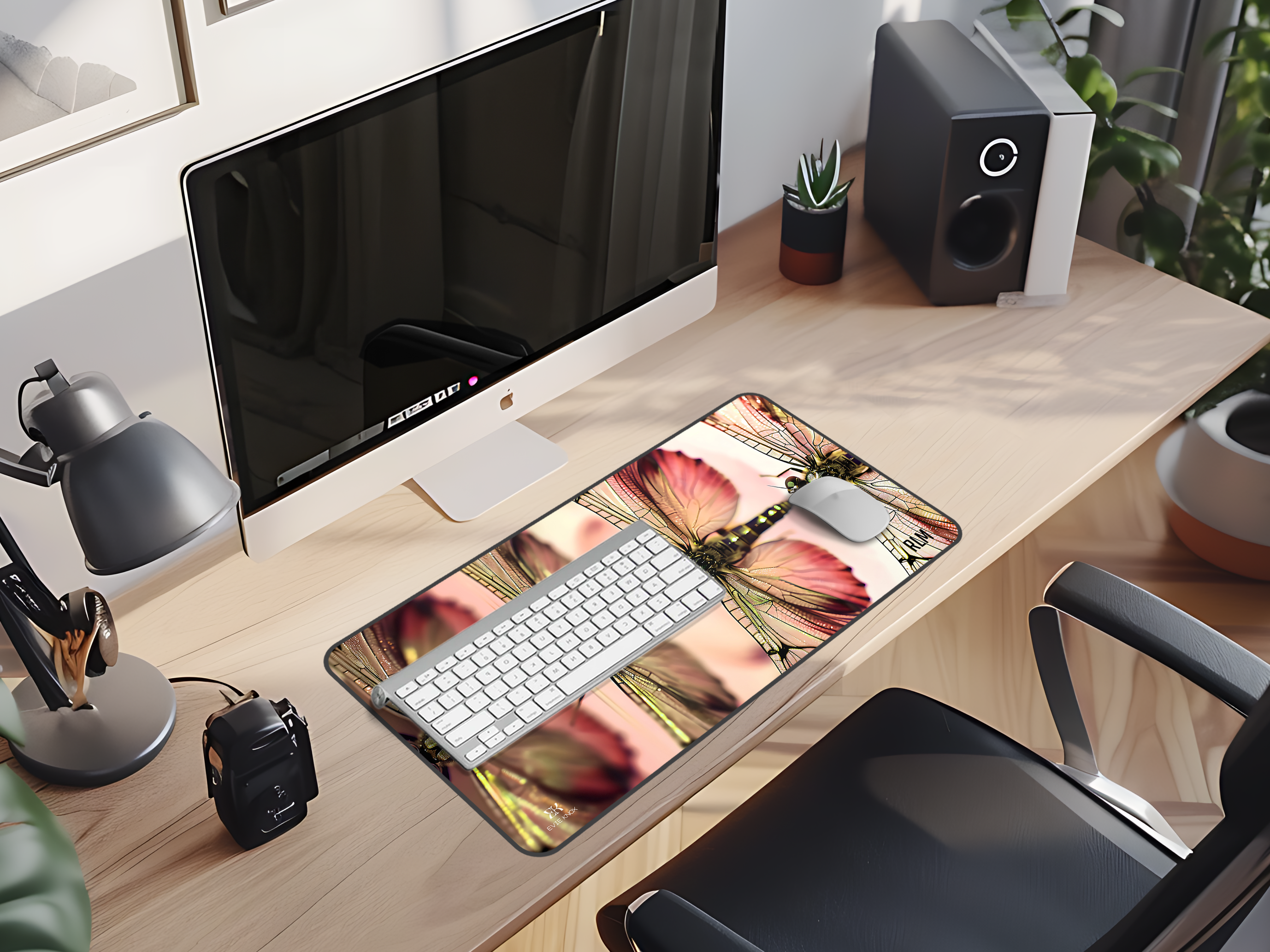 Dragonfly Reflection Desk Mat — Botanical Pink Office Mousepad