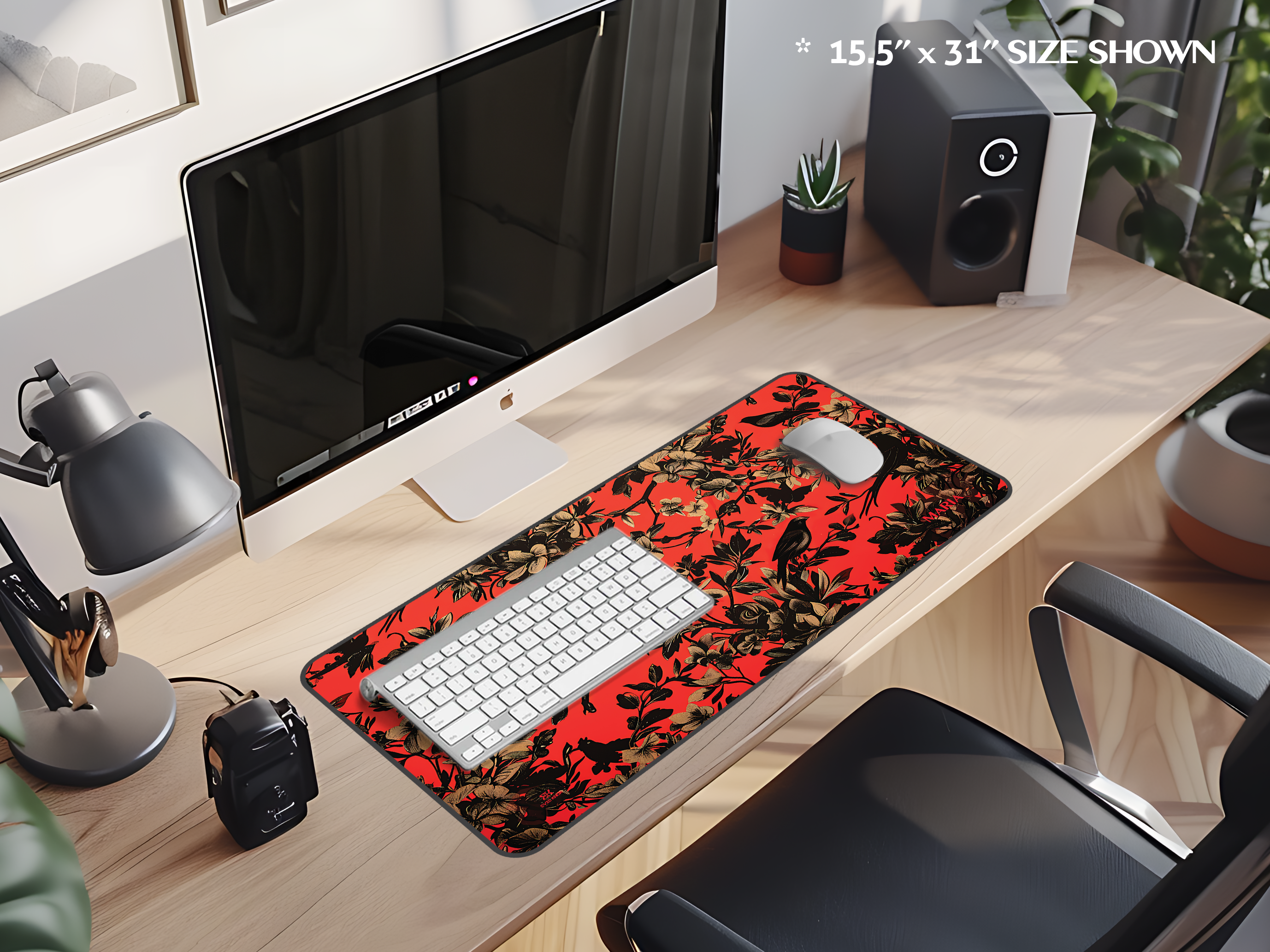 Vintage Birds of a Feather Floral Desk Mat — Red & Black Large Mousepad