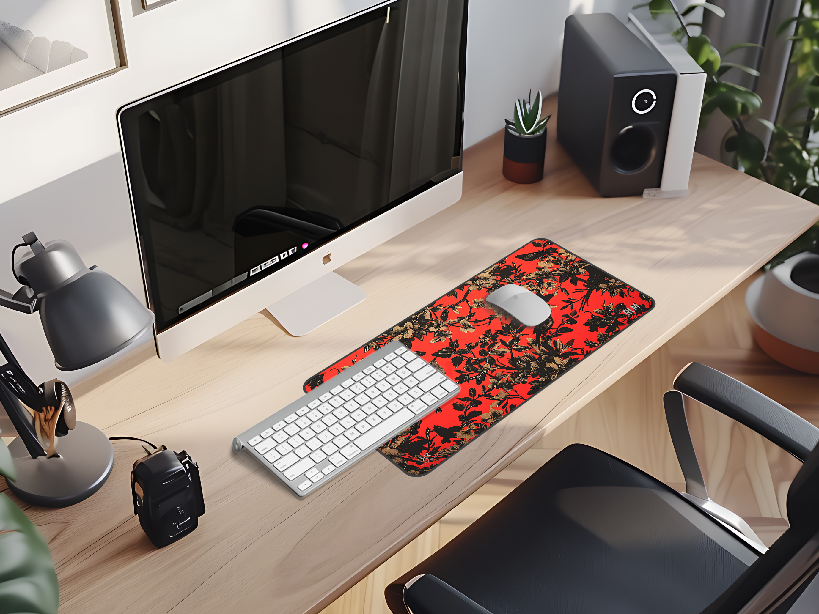 Vintage Birds of a Feather Floral Desk Mat — Red & Black Large Mousepad