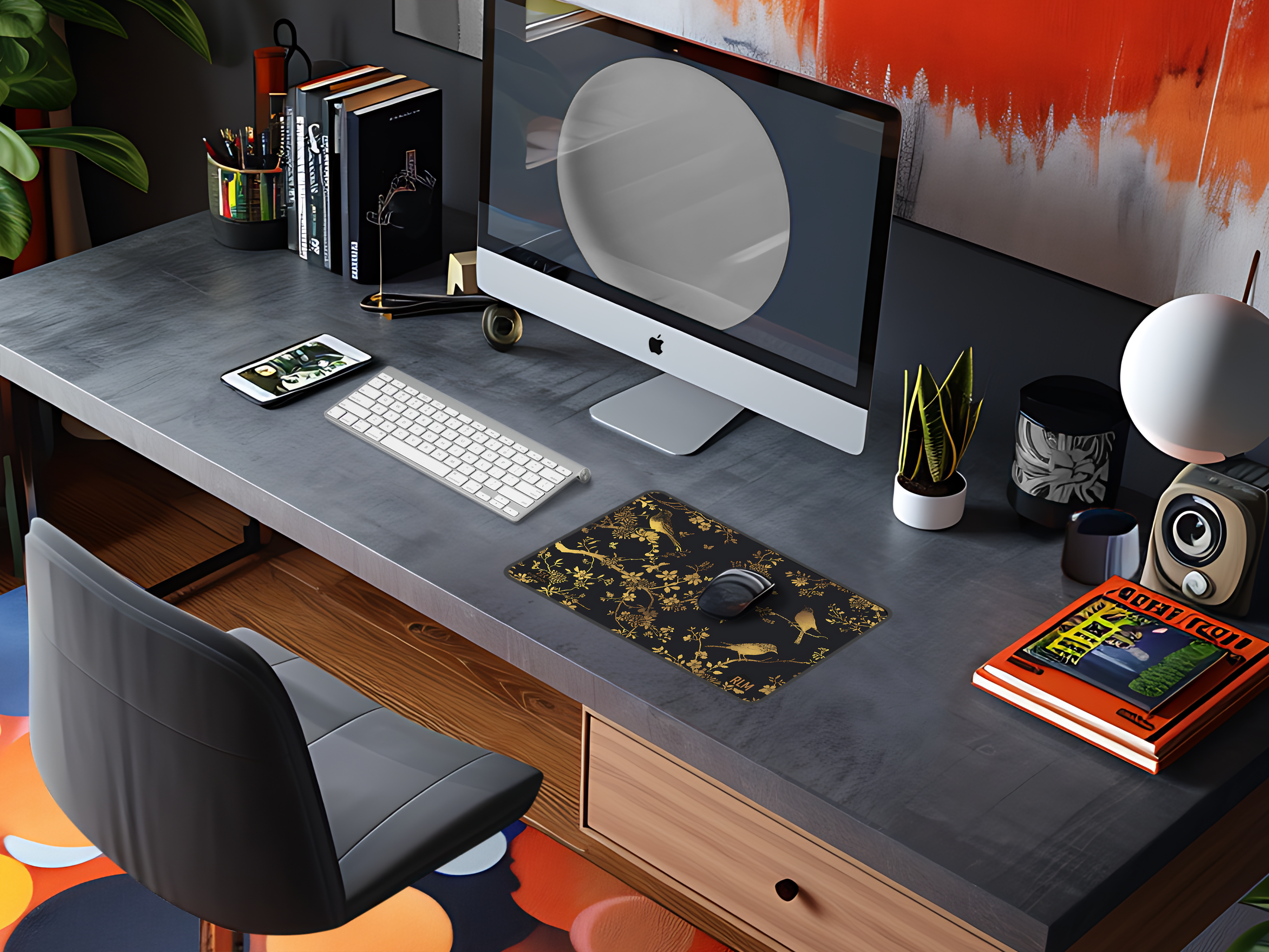 Gold Bird Floral Desk Mat — Elegant Black & Gold Mouse Pad