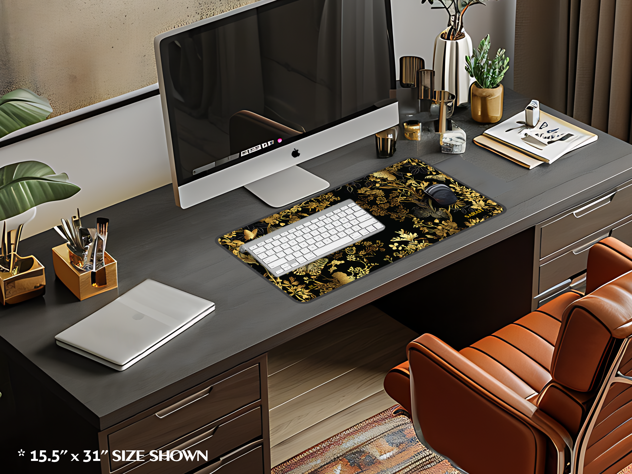Gold Butterfly Floral Desk Mat — Personalized Elegant Mouse Pad