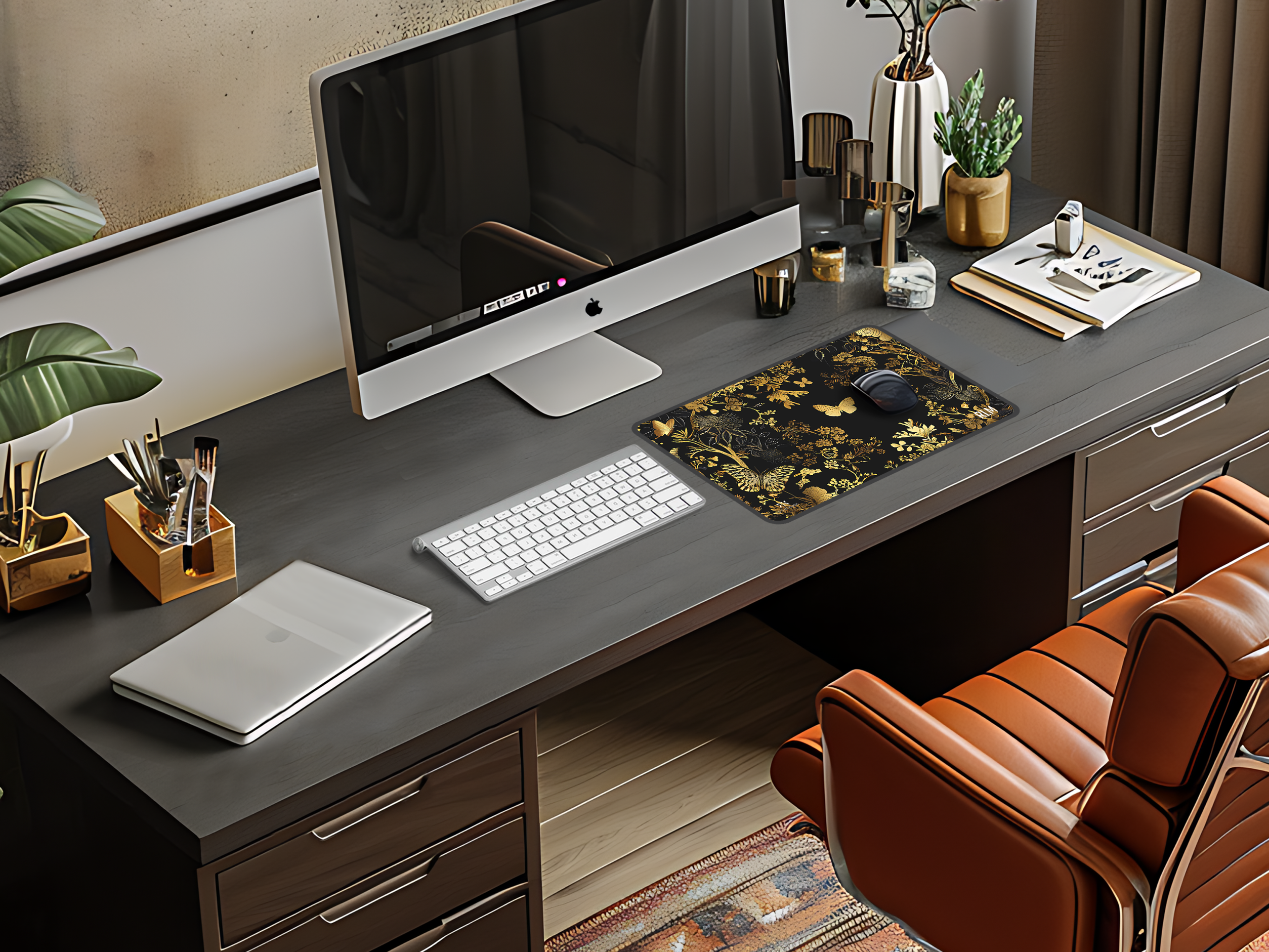 Gold Butterfly Floral Desk Mat — Personalized Elegant Mouse Pad