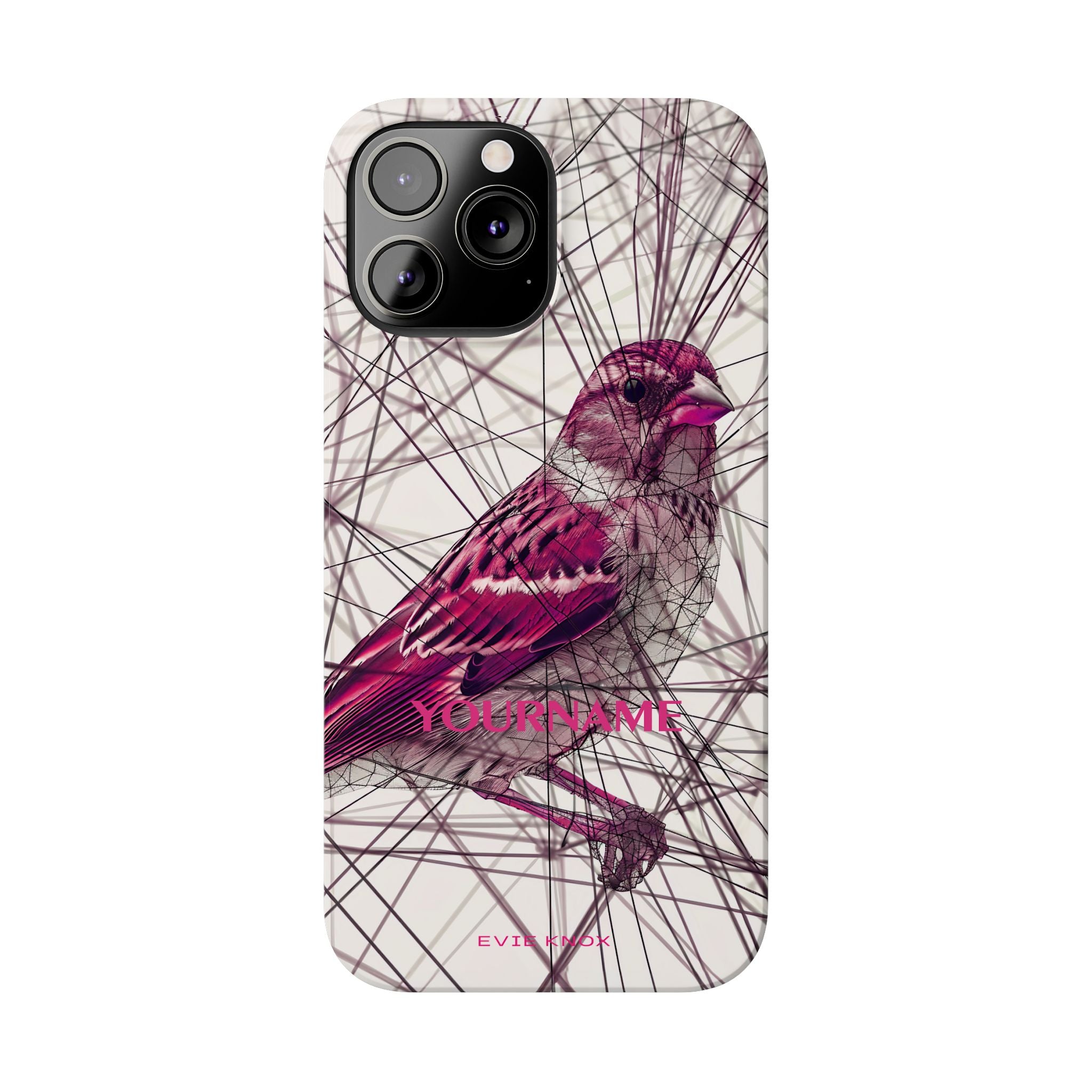 Pink Finch Bird Illustration on Abstract Line Background - Slim Phone Case