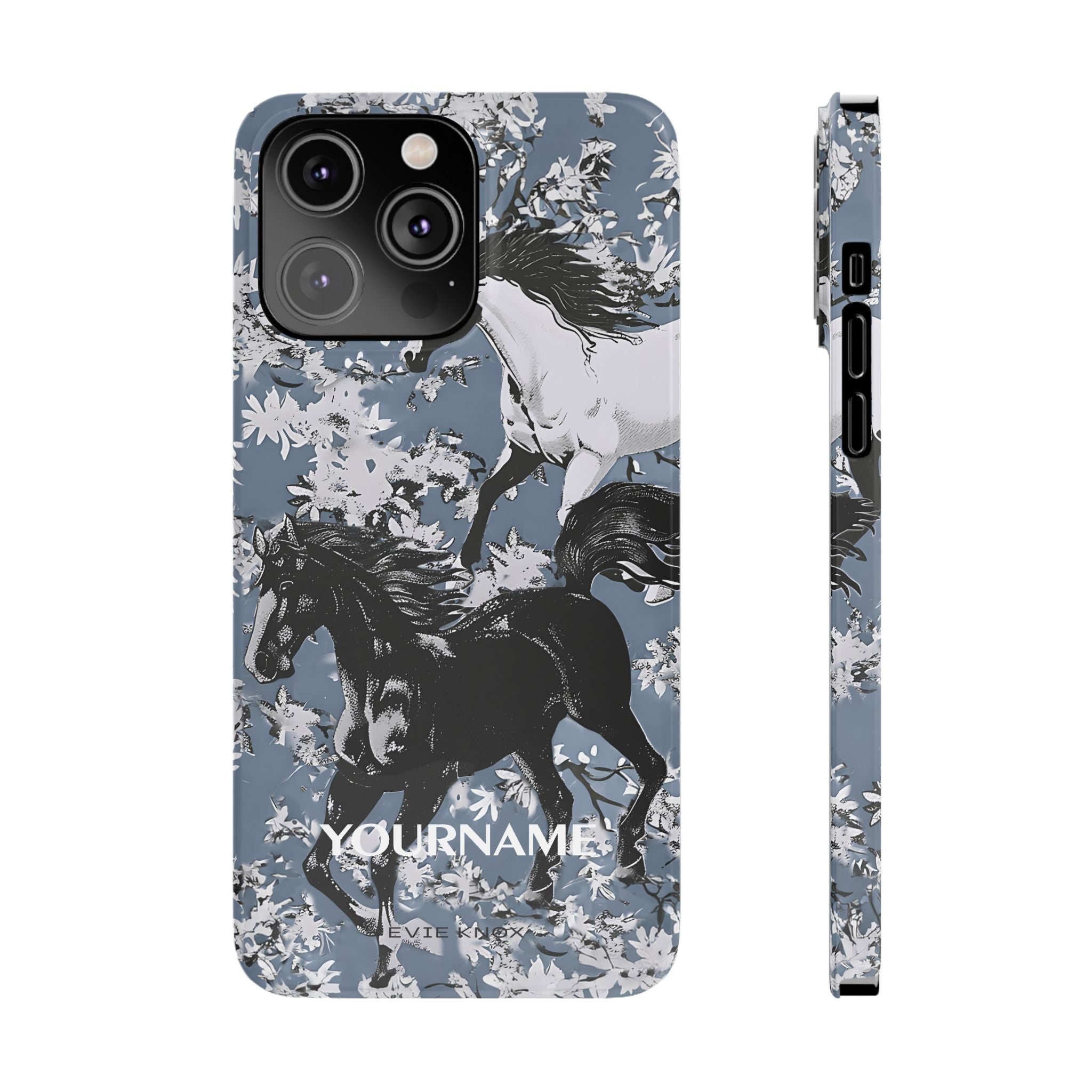 Horses on Dusty Blue Floral Pattern Slim Phone Case - Personalizable iPhone Case