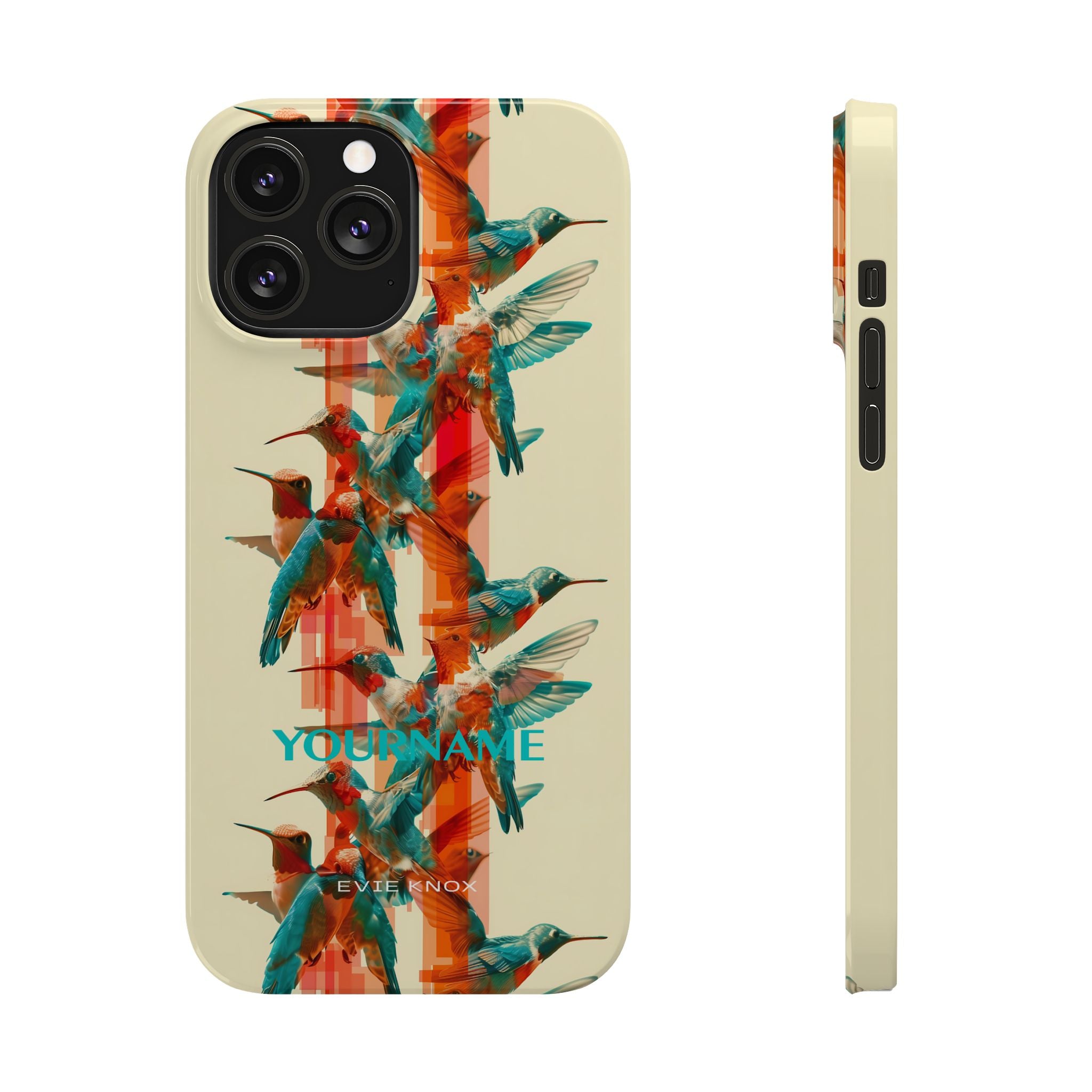 Hummingbird Stripe Slim Phone Case — Retro Teal & Coral Protective Cover