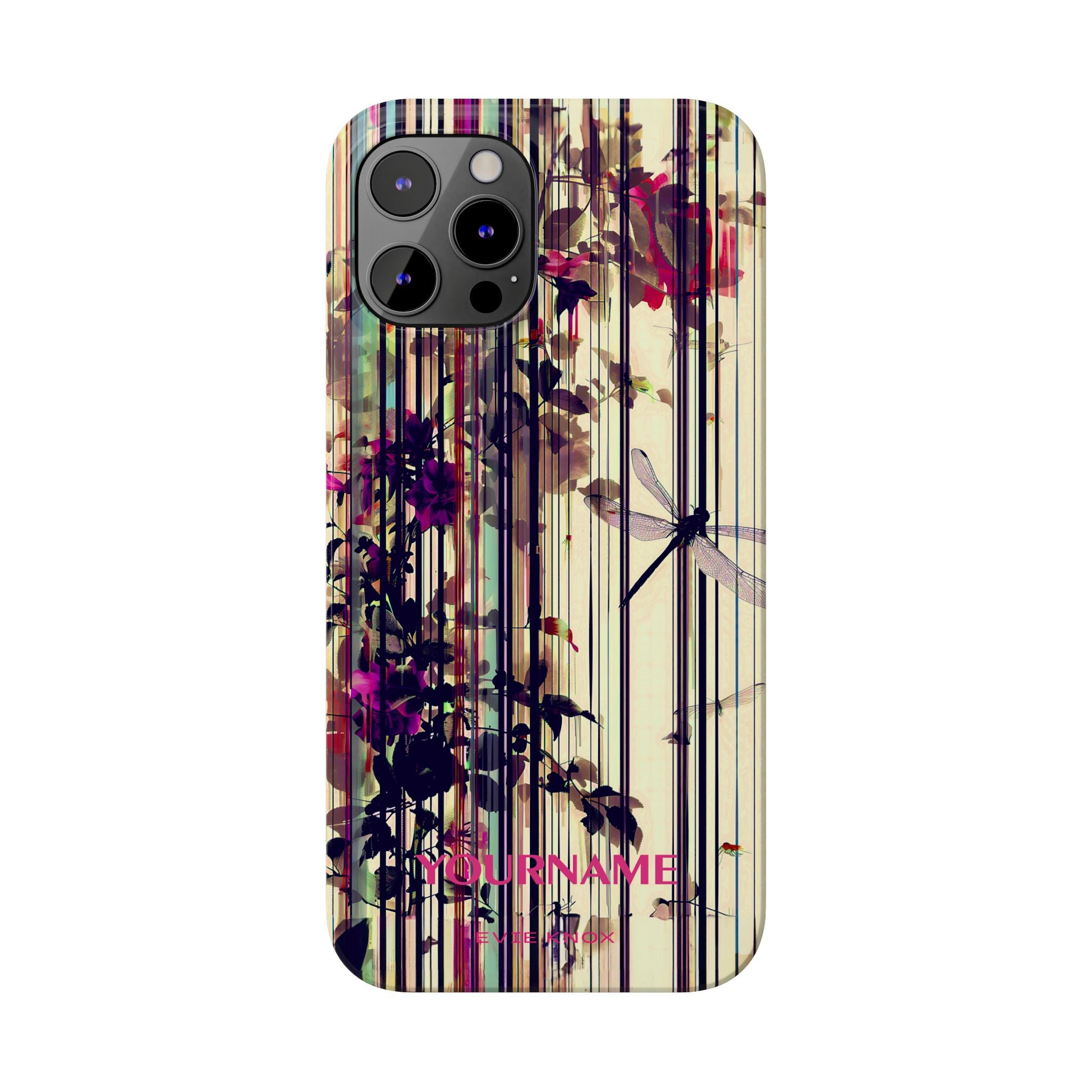 Floral Stripes Slim Phone Case — Vintage Botanical Dragonfly Design