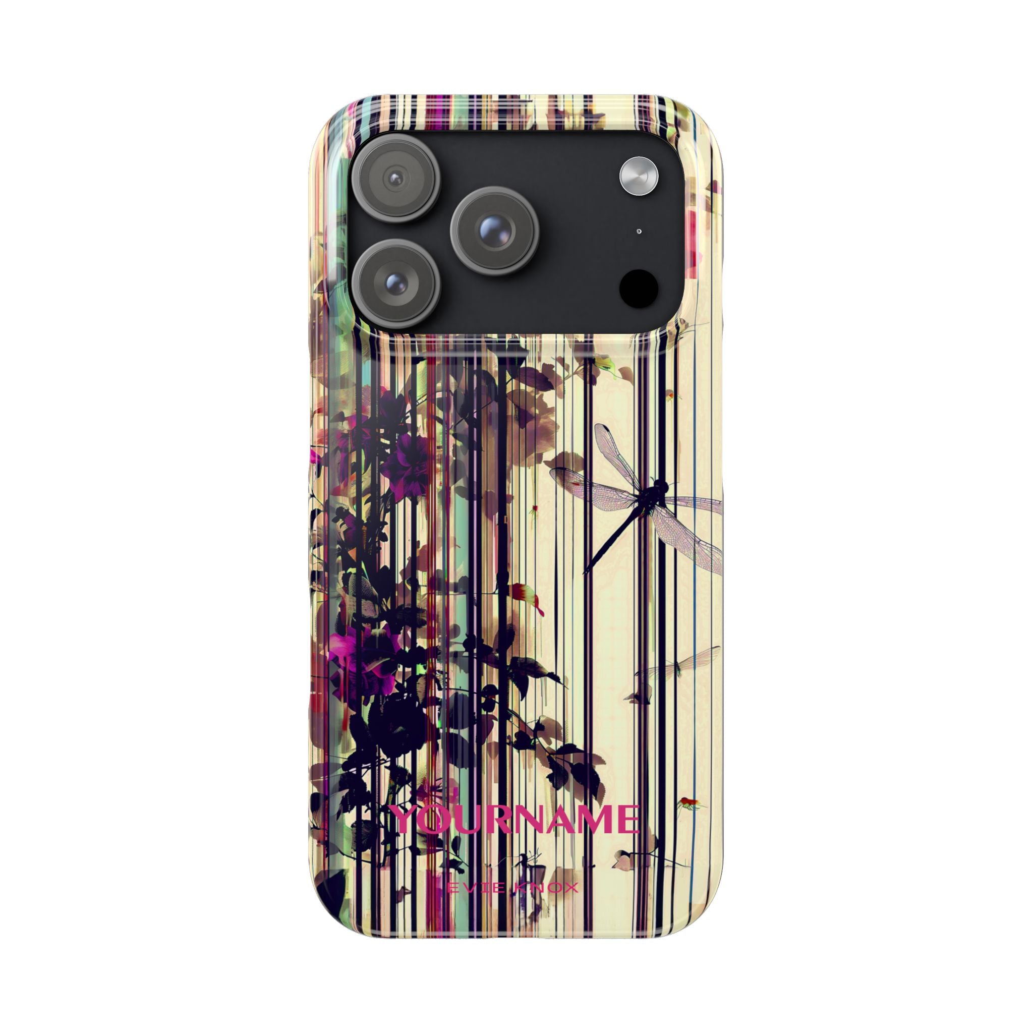 Floral Stripes Slim Phone Case — Vintage Botanical Dragonfly Design