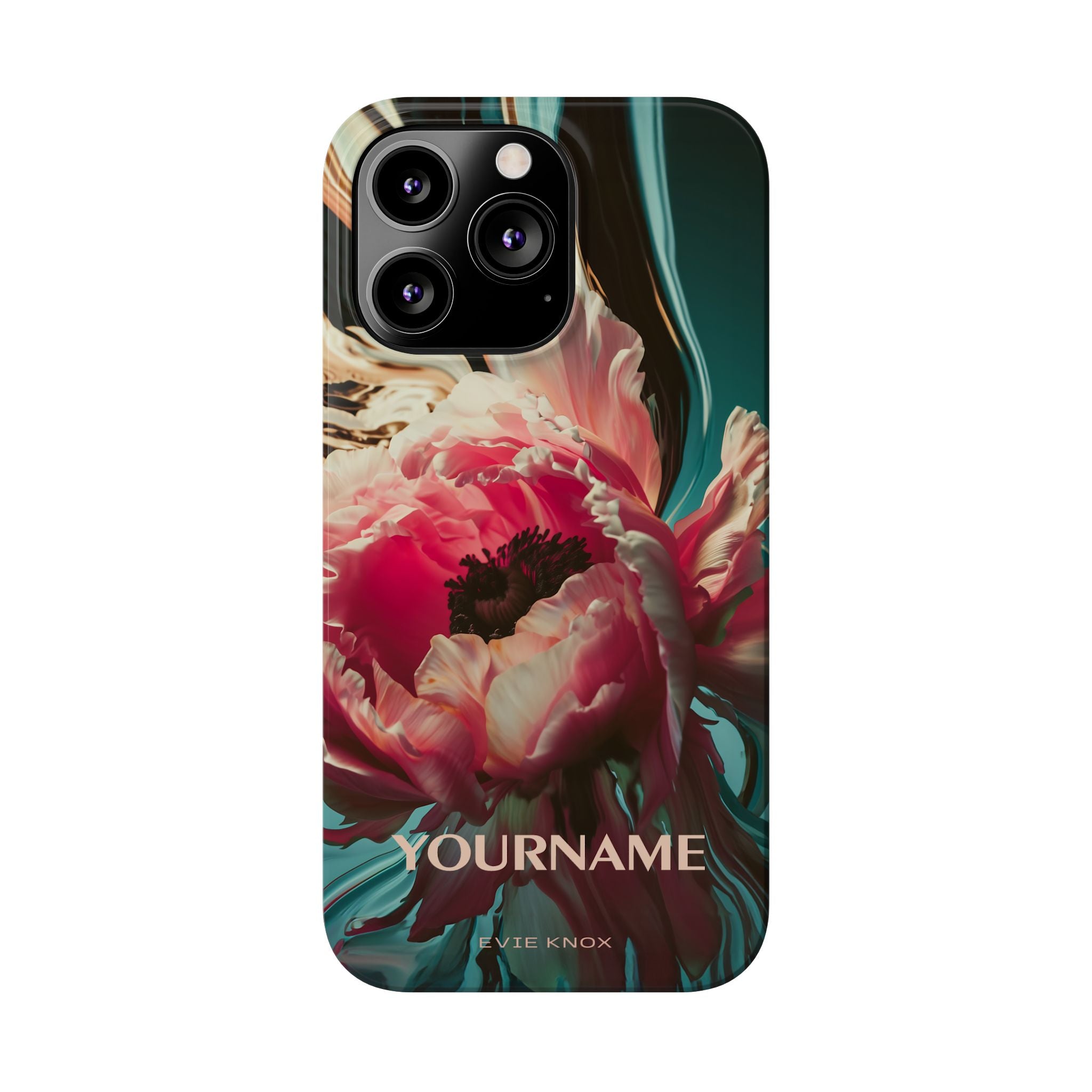 Floral Splash Slim Phone Case — Dark Teal & Pink Peony Design