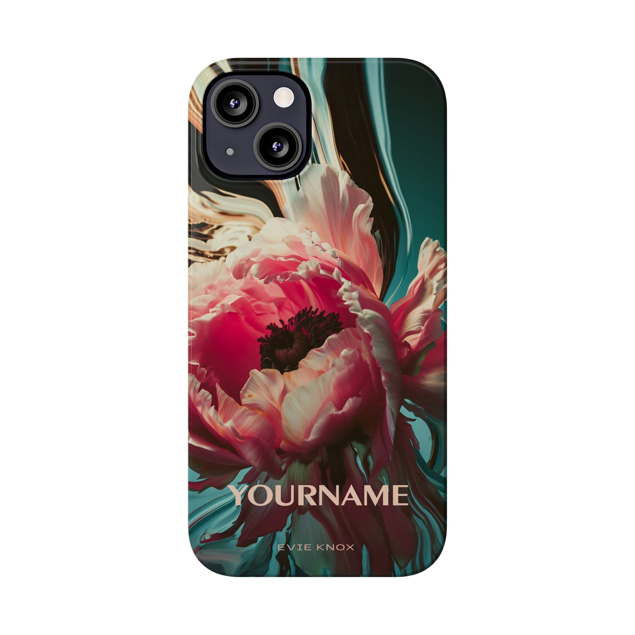 Floral Splash Slim Phone Case — Dark Teal & Pink Peony Design