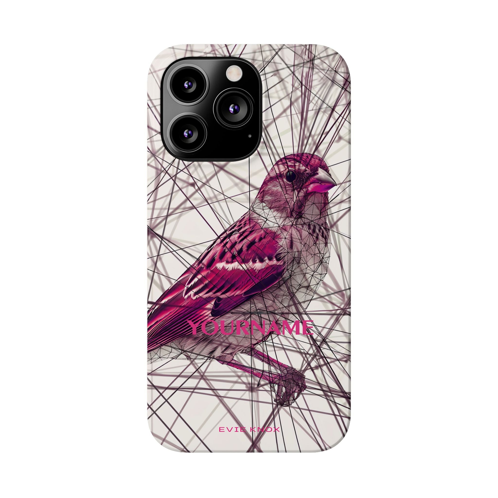 Pink Finch Bird Illustration on Abstract Line Background - Slim Phone Case