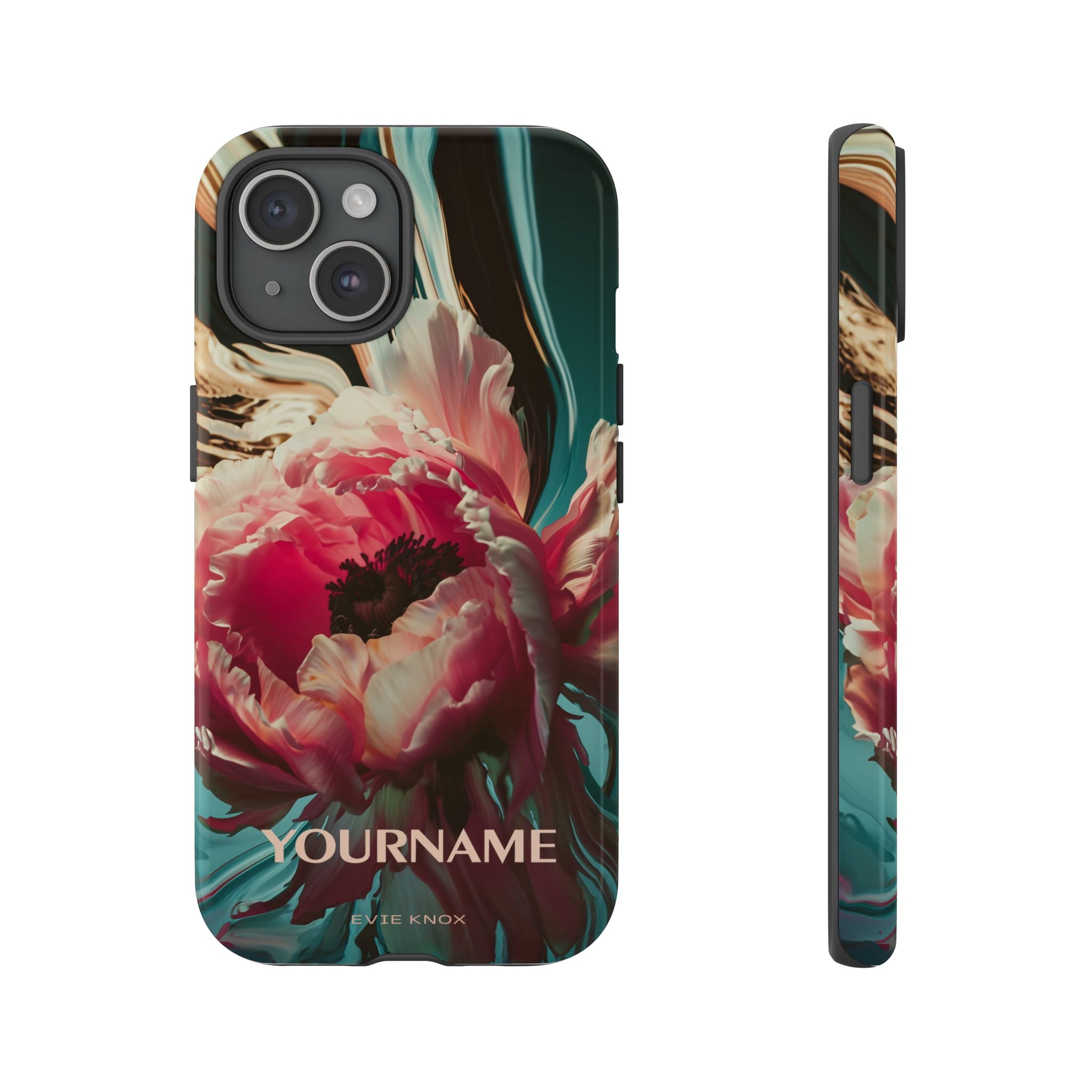 Floral Splash Tough Phone Case — Dark Teal & Pink Peony Design