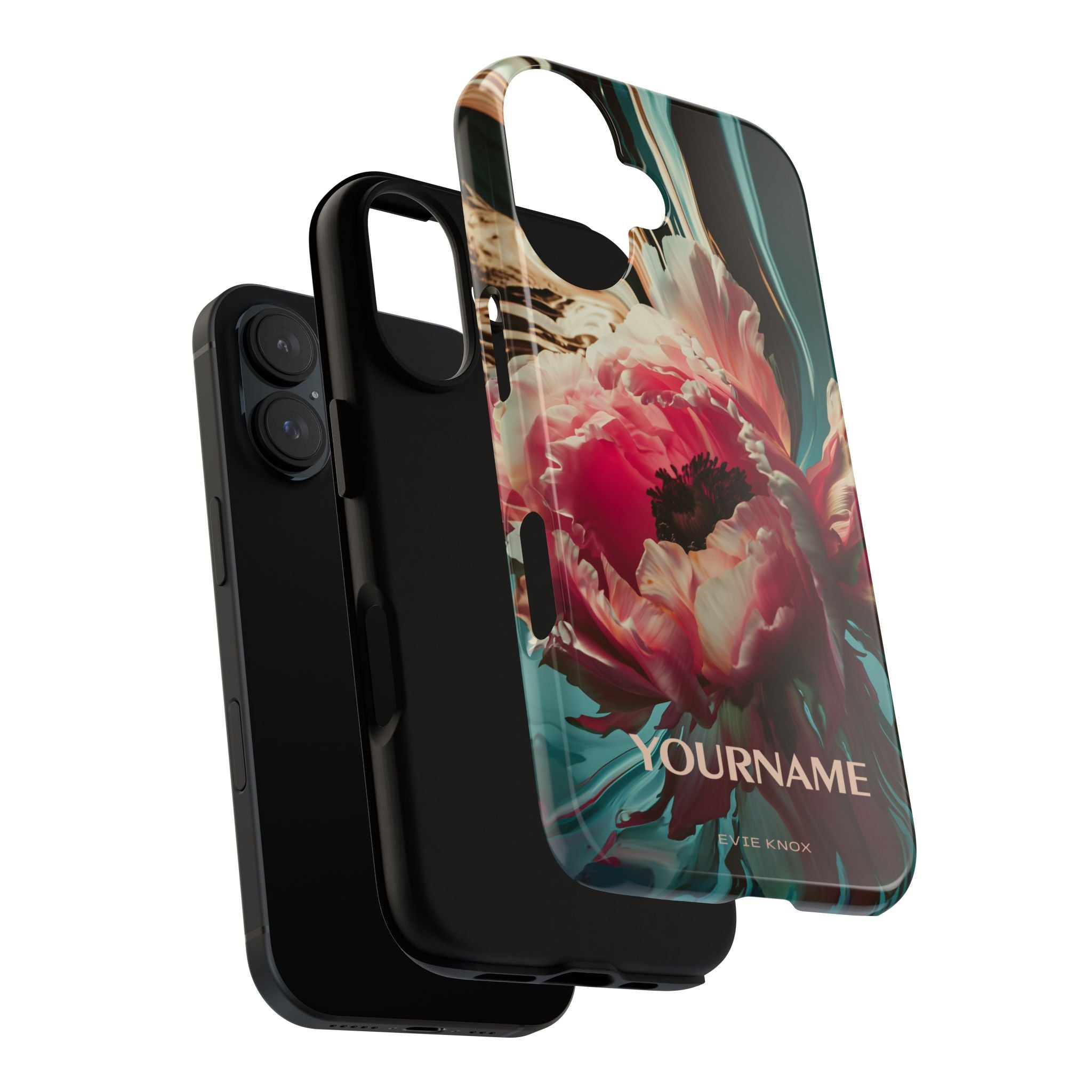 Floral Splash Tough Phone Case — Dark Teal & Pink Peony Design