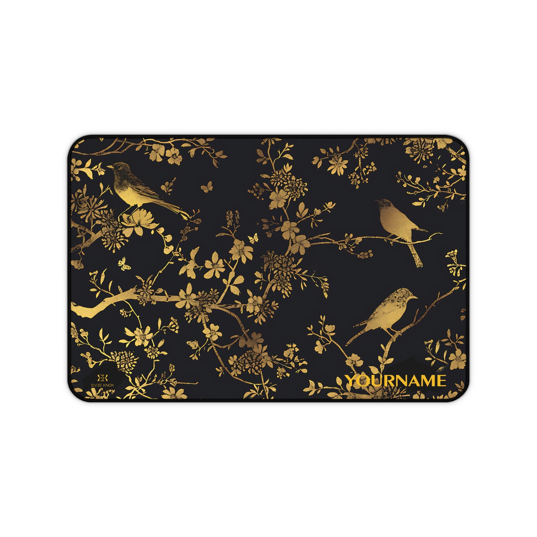Gold Bird Floral Desk Mat — Elegant Black & Gold Mouse Pad