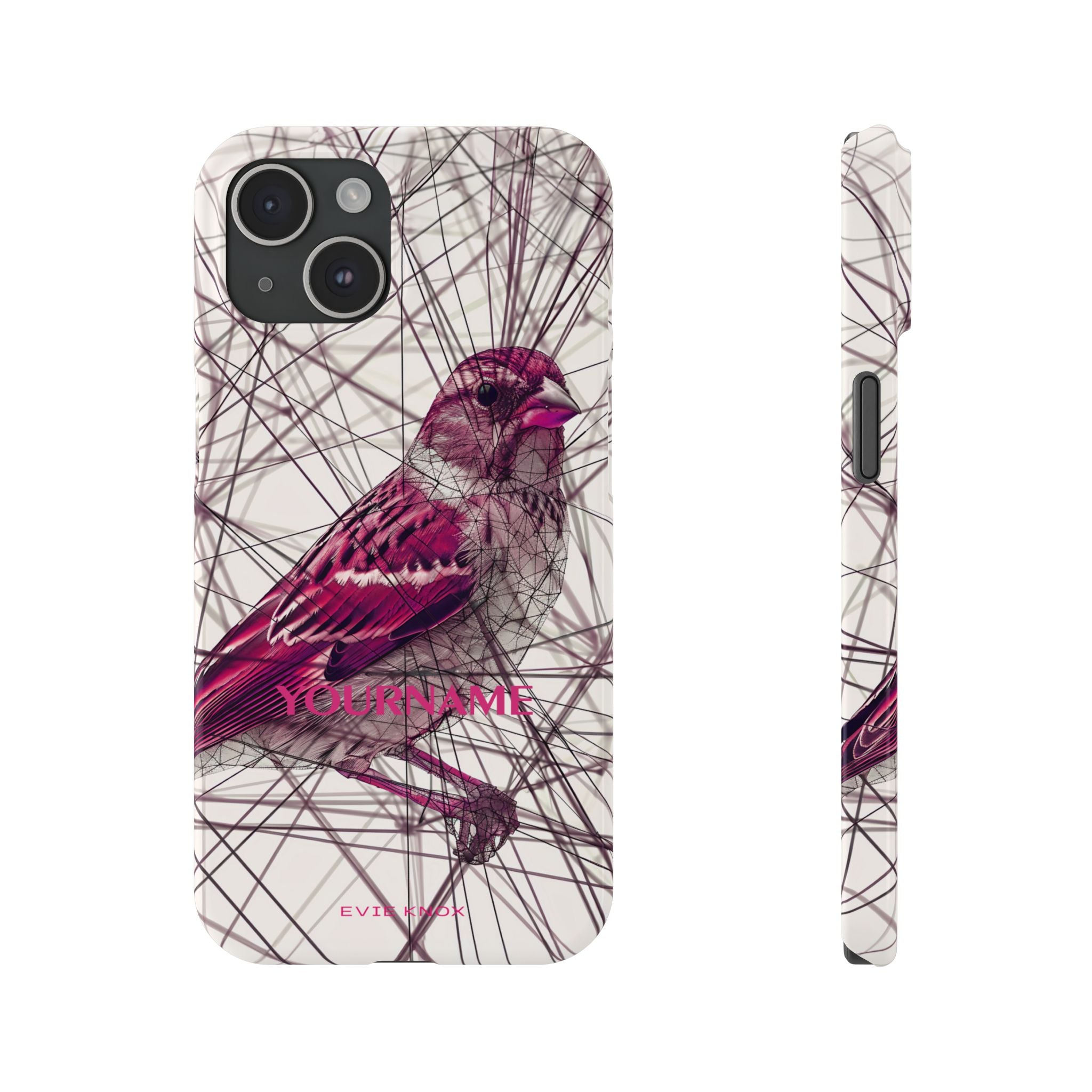 Pink Finch Bird Illustration on Abstract Line Background - Slim Phone Case