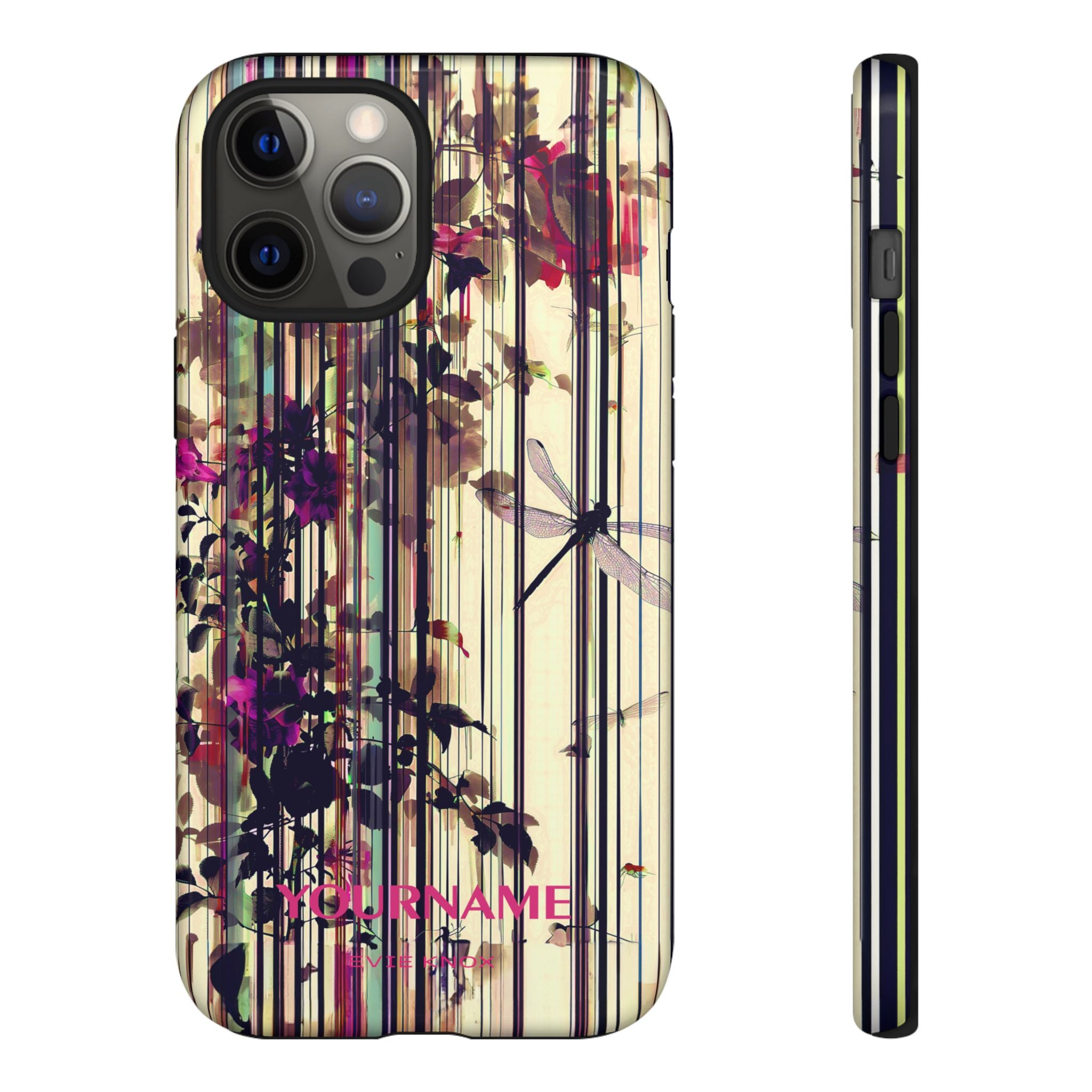 Floral Stripes Tough Phone Case — Vintage Botanical Dragonfly Design