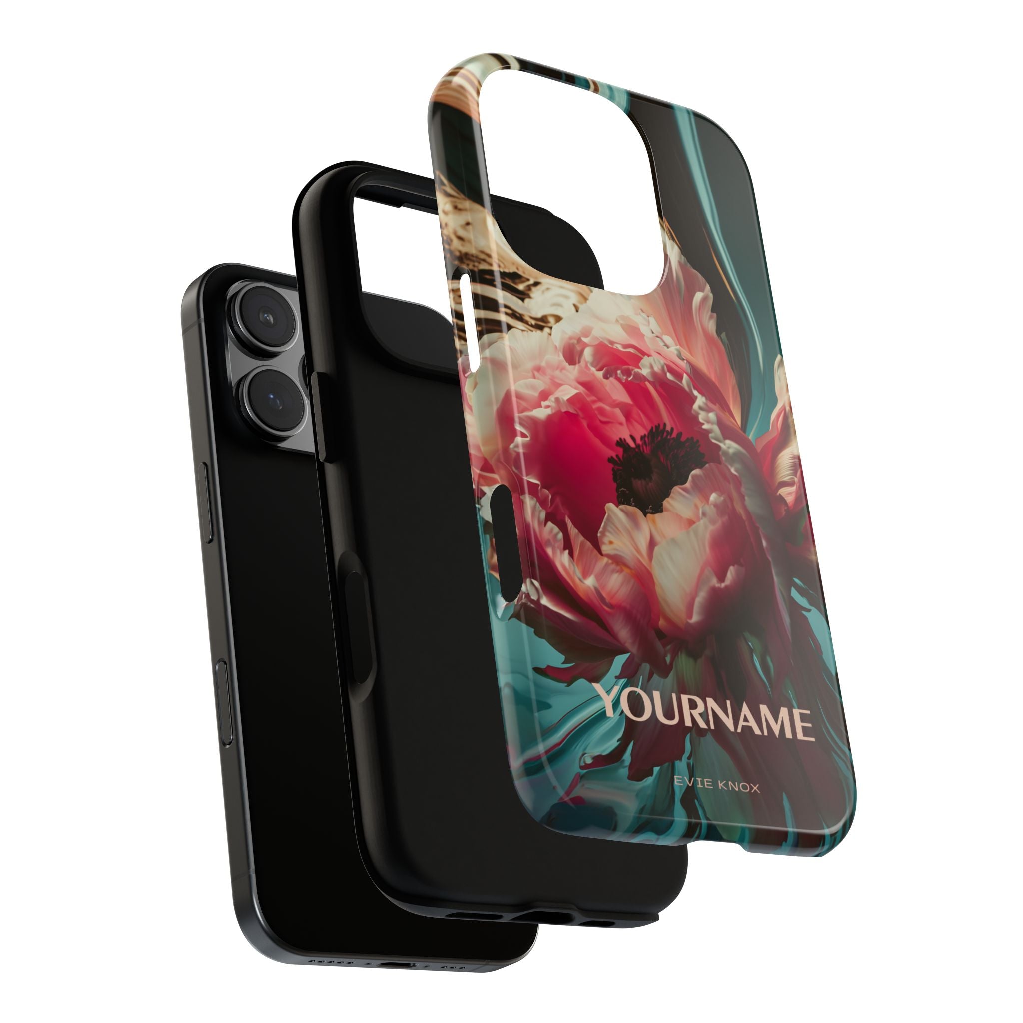 Floral Splash Tough Phone Case — Dark Teal & Pink Peony Design